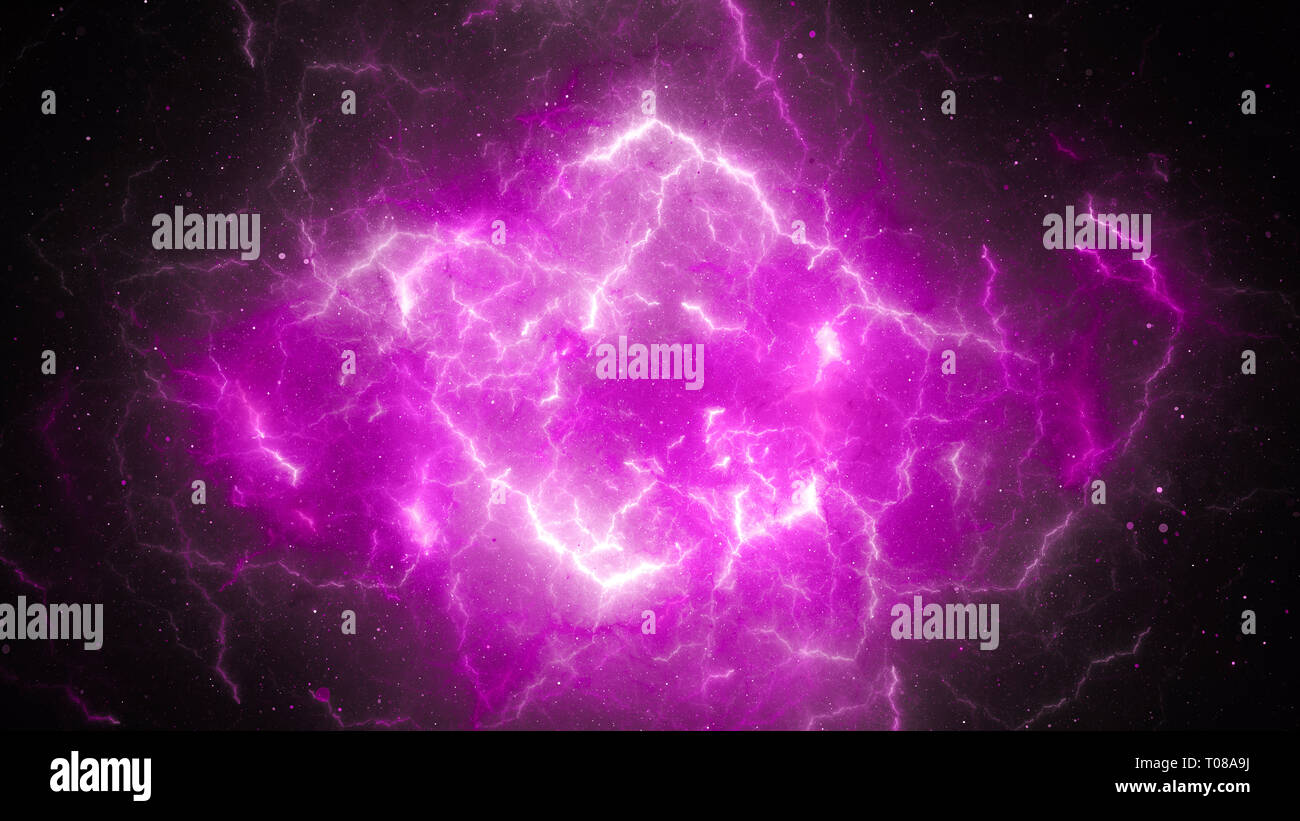 Viola incandescente ad alta energia fulmini, generato dal computer sfondo astratto, rendering 3D Foto Stock