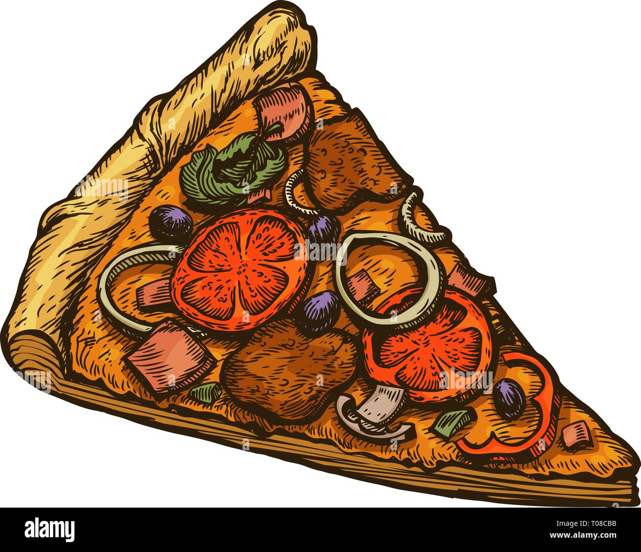 Pezzo a fette di pizza italiana. Illustrazione di vettore isolato su sfondo bianco Illustrazione Vettoriale