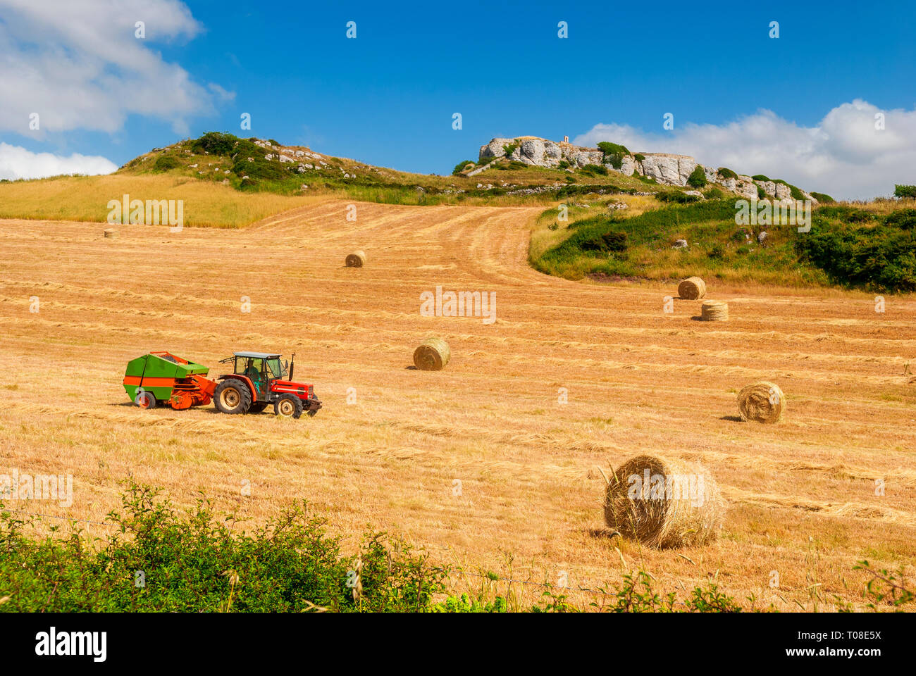 Agricoltore sul trattore fare balle di fieno sulle campagne sarde in Italia Foto Stock