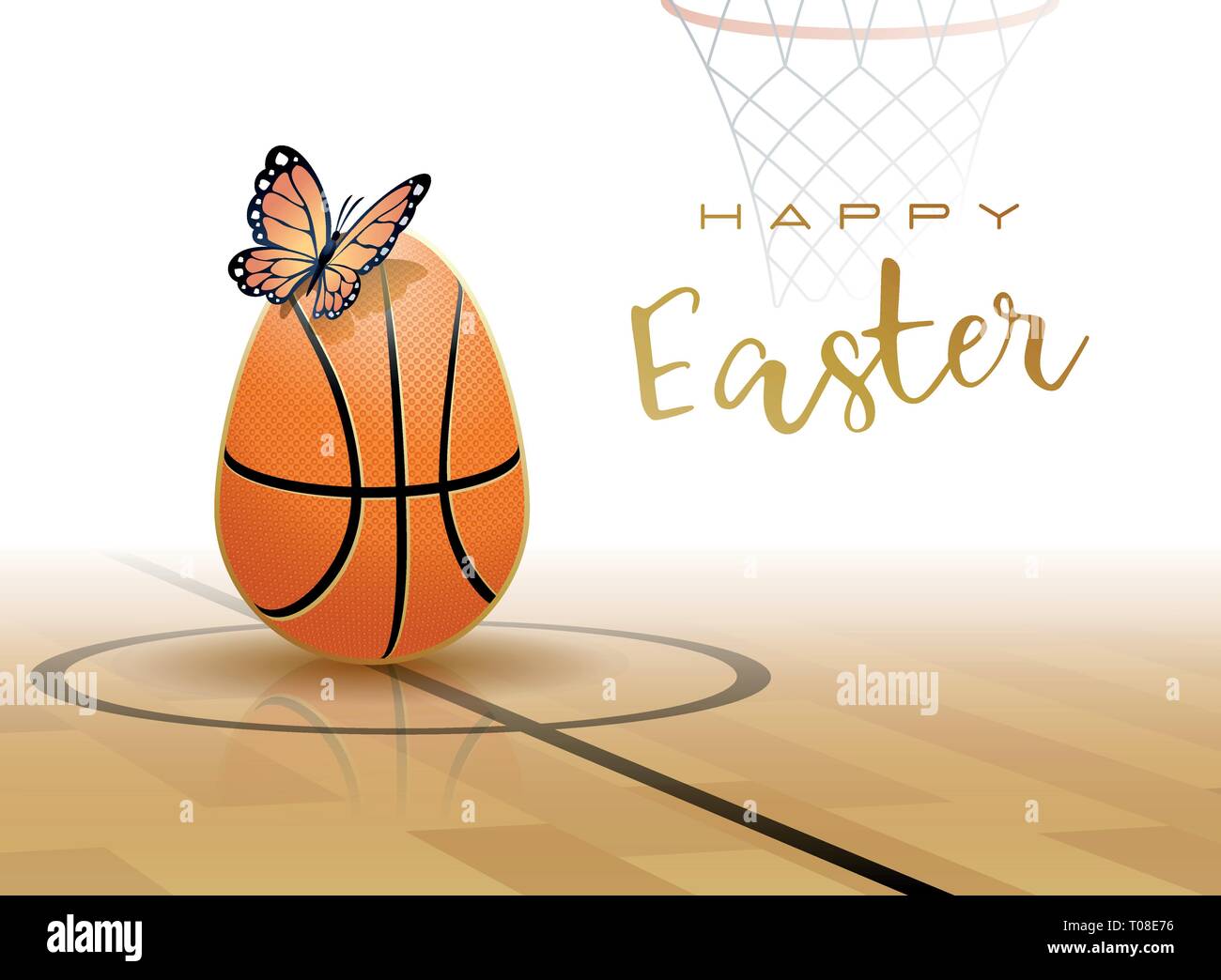 Felice Pasqua. Uovo di Pasqua nella forma di una palla da basket con farfalla. Illustrazione Vettoriale. Illustrazione Vettoriale