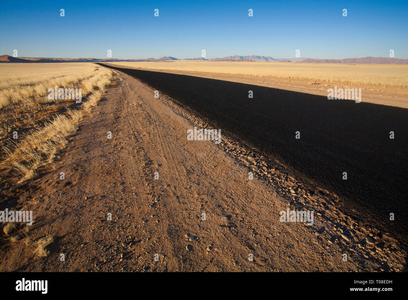 In Africa, la Namibia, il deserto del Namib. Strada a vuoto pianura desertica. Foto Stock