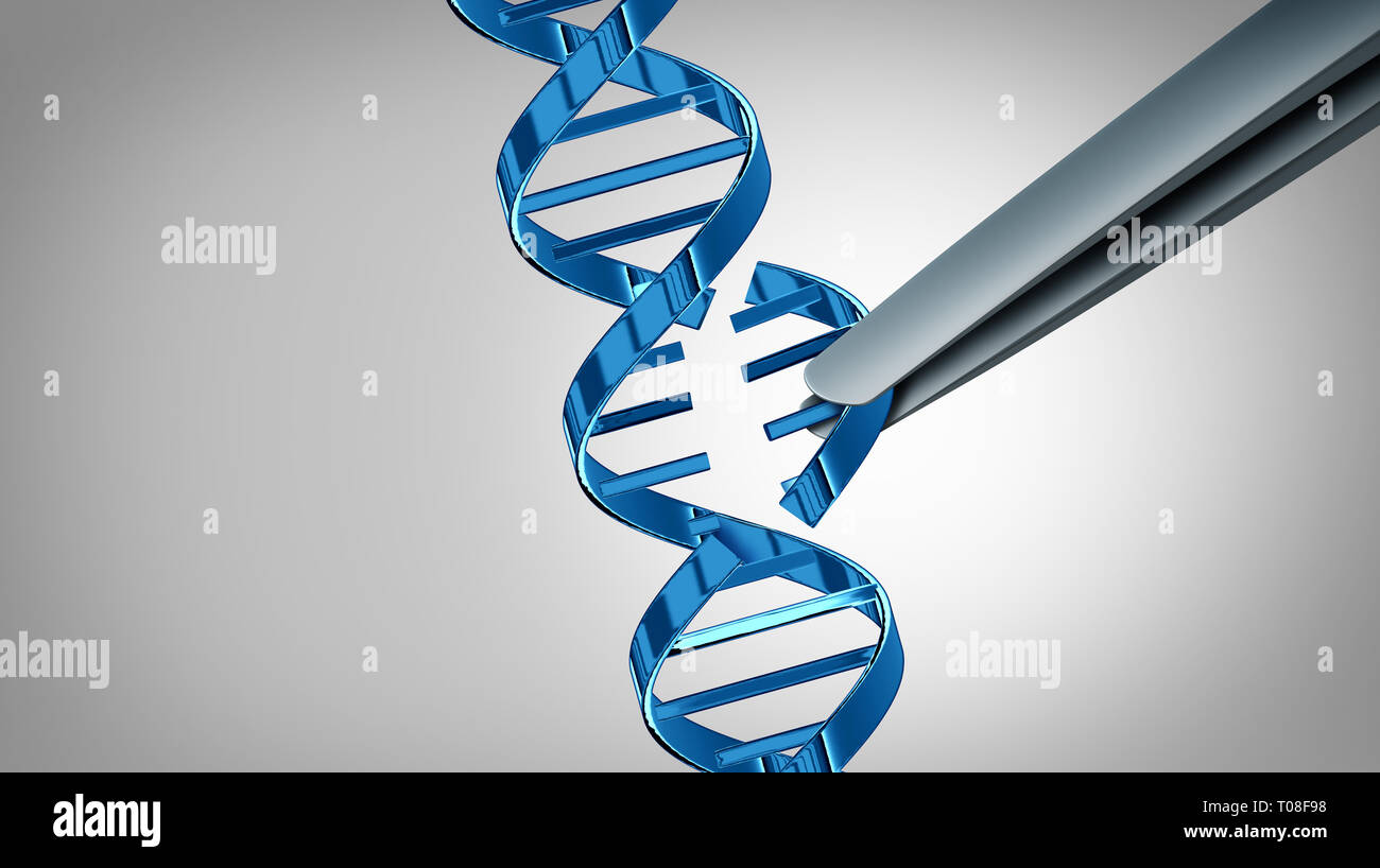 Gene CRISPR modifica di concetto e di ingegneria genetica con terapia su un filamento di DNA come 3D'illustrazione. Foto Stock