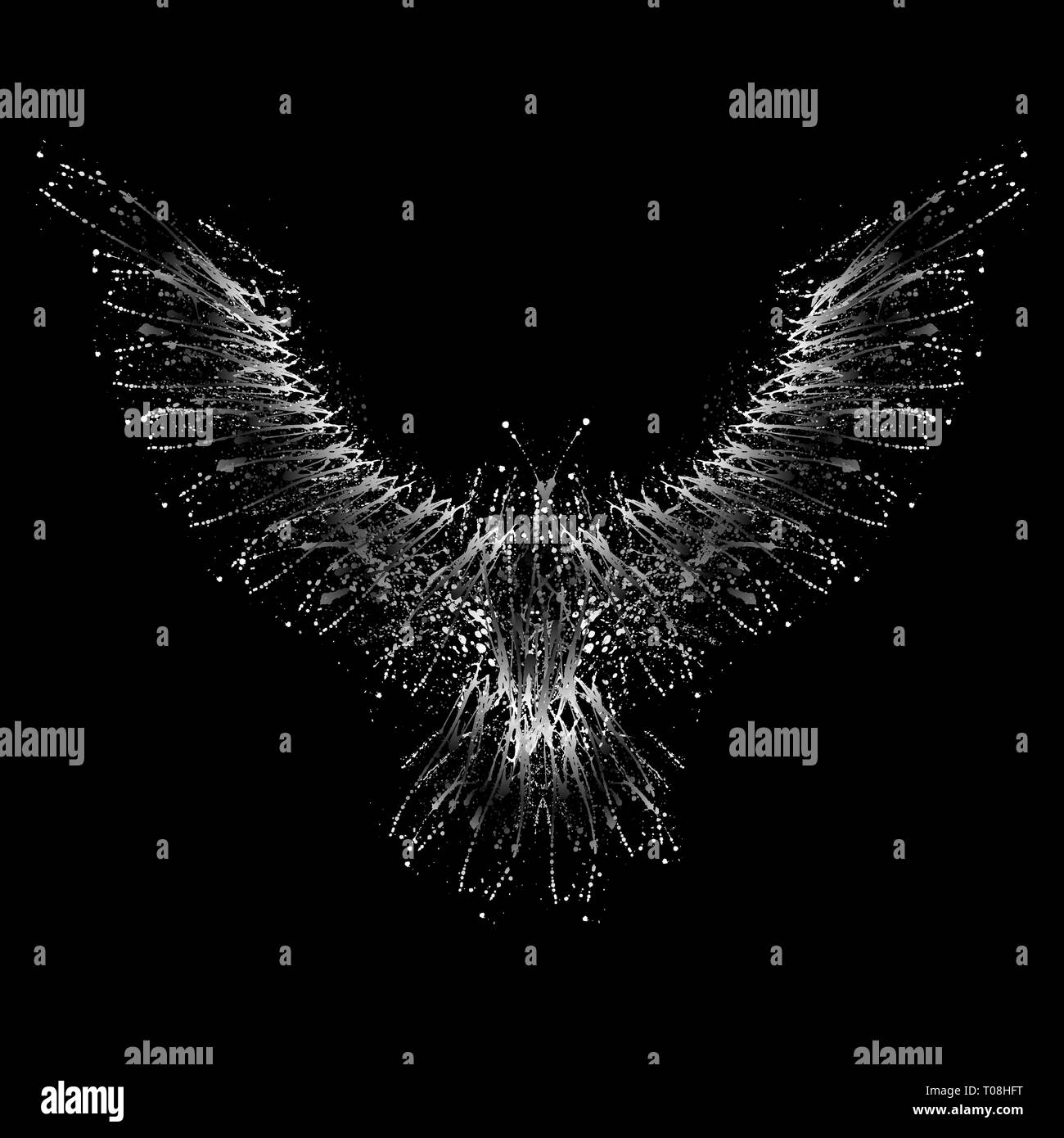 Bianco uccello grunge silhouette con schizzi di inchiostro isolati su sfondo nero Illustrazione Vettoriale