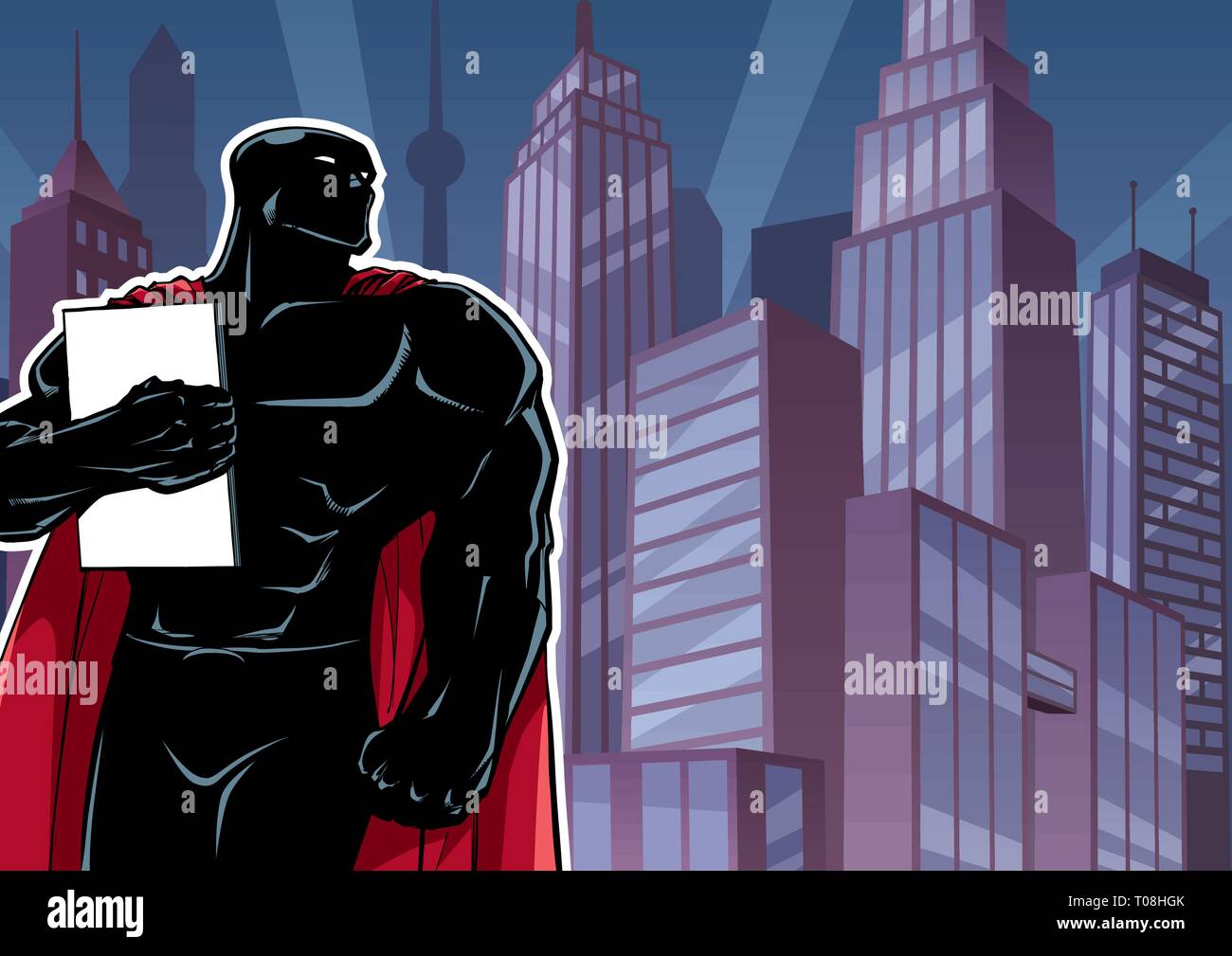 Superhero Holding Book in City silhouette Illustrazione Vettoriale