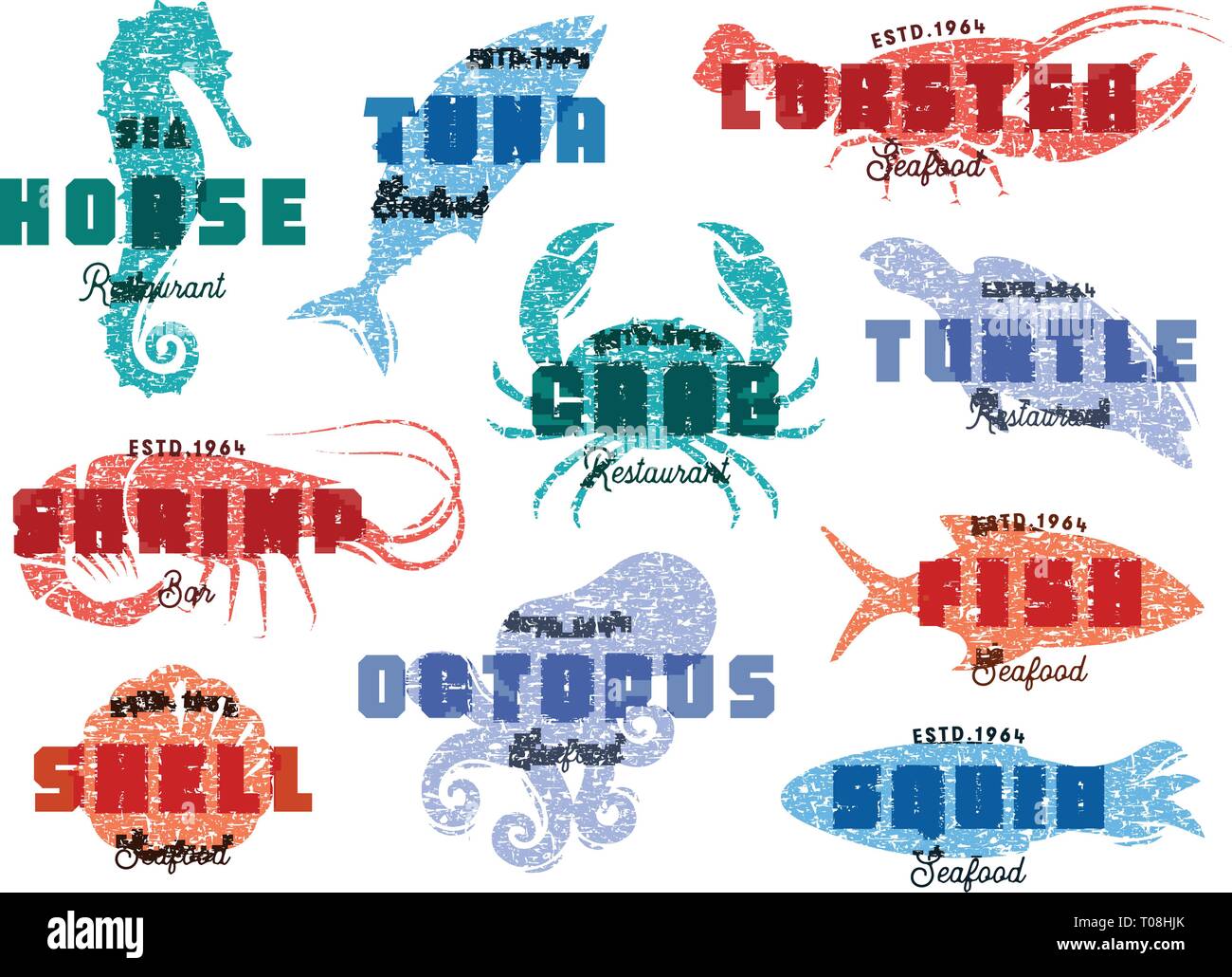 Il logo di frutti di mare. Creature del mare, pesca o ristorante emblemi. Stile retrò modello logo. Emblema di moderna concezione. Concept design per il business. Isolato Illustrazione Vettoriale