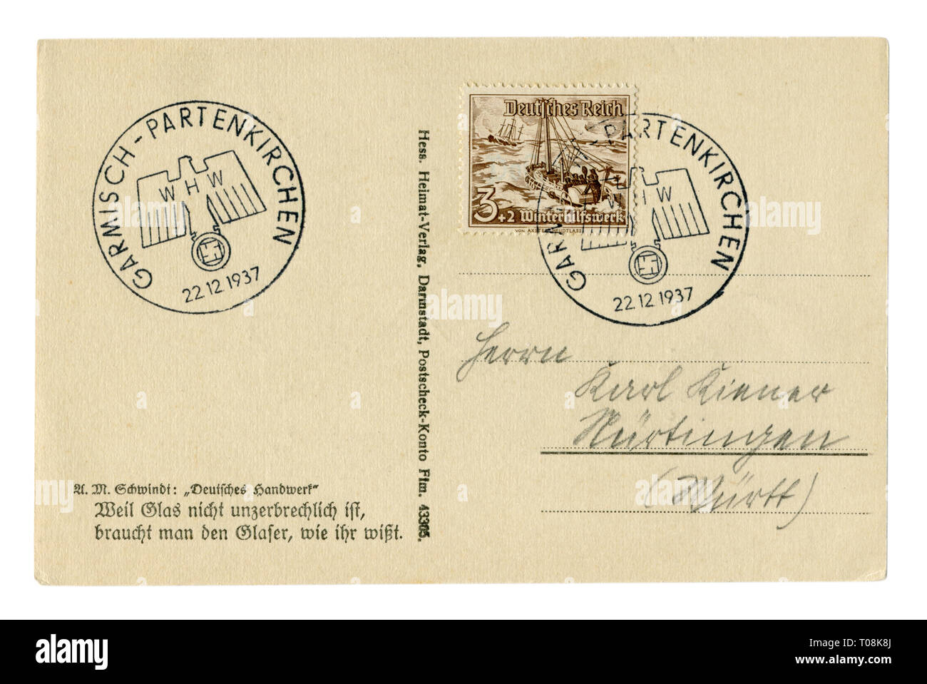 Storico tedesco carte postali con timbro: la barca di salvataggio "Bremen", dotato di un motore diesel, progettato per salvare le persone da affondare navi WHW, Reich Foto Stock