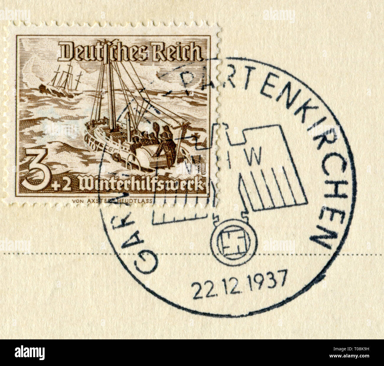 German Historical timbro: la barca di salvataggio "Bremen", dotato di un motore diesel, progettato per salvare le persone da affondare navi WHW, Terzo Reich Foto Stock