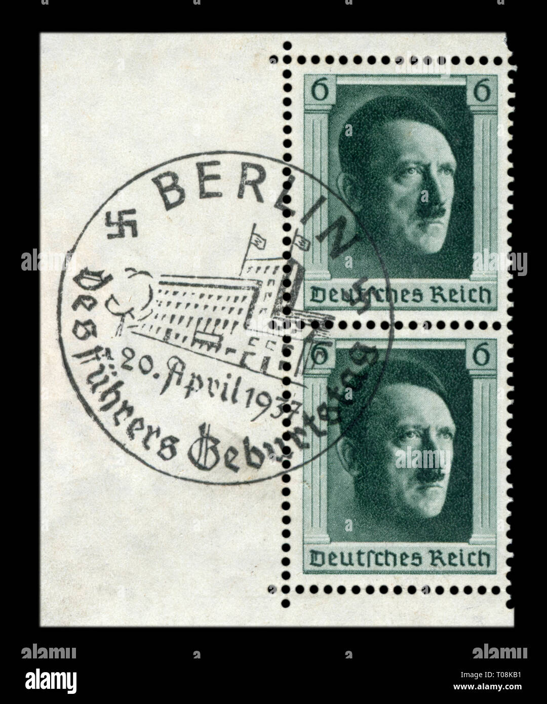 German Historical timbro: quarantottesimo compleanno di Adolf Hitler con speciali primo giorno cancellazione, FDC, Cancelleria del Reich, Berlino, DR, Terzo Reich Foto Stock