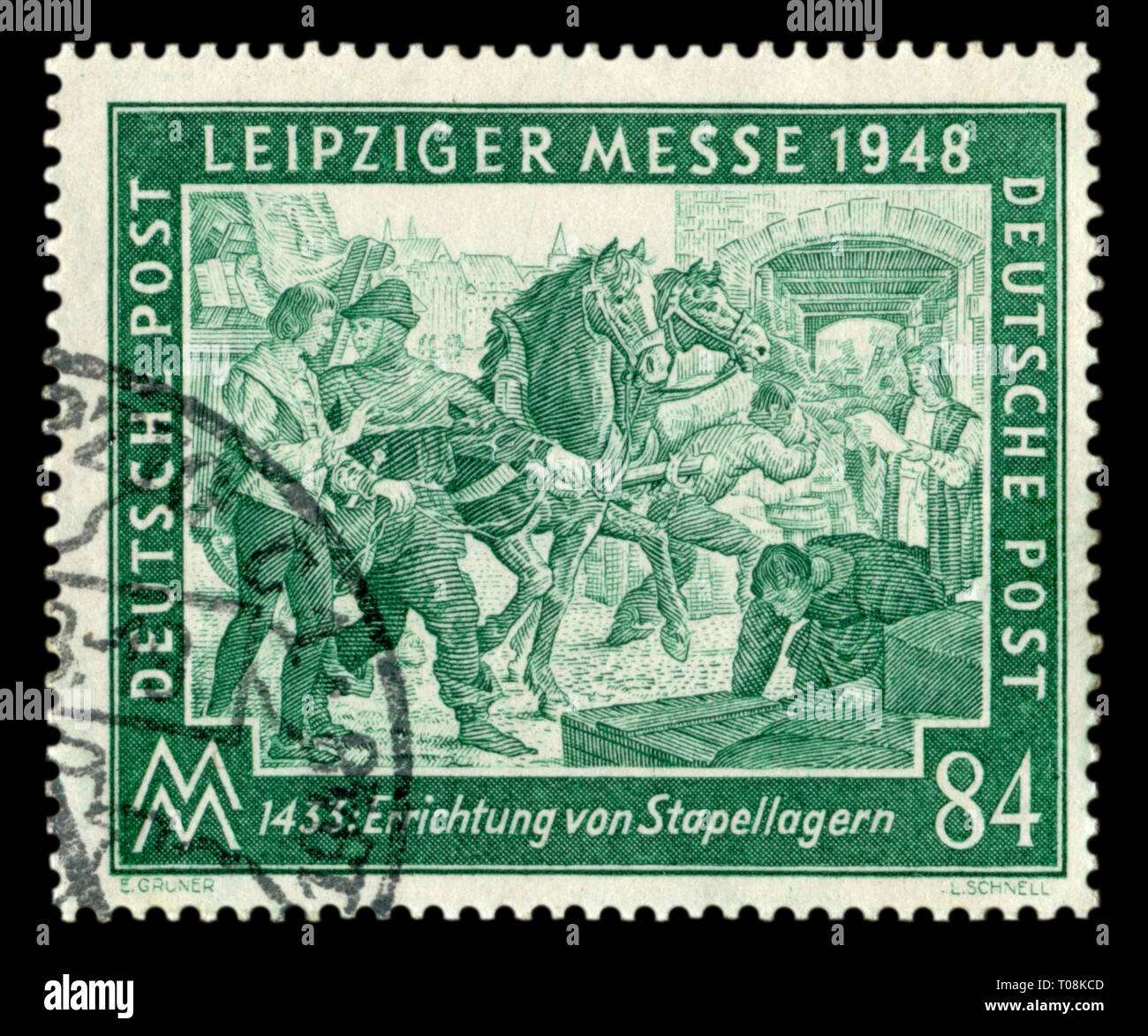 German Historical timbro: primavera Leipzig Trade Fair con cancellazione speciale, 7 marzo 1948, mercanti medievale scambi nel mercato della città Foto Stock