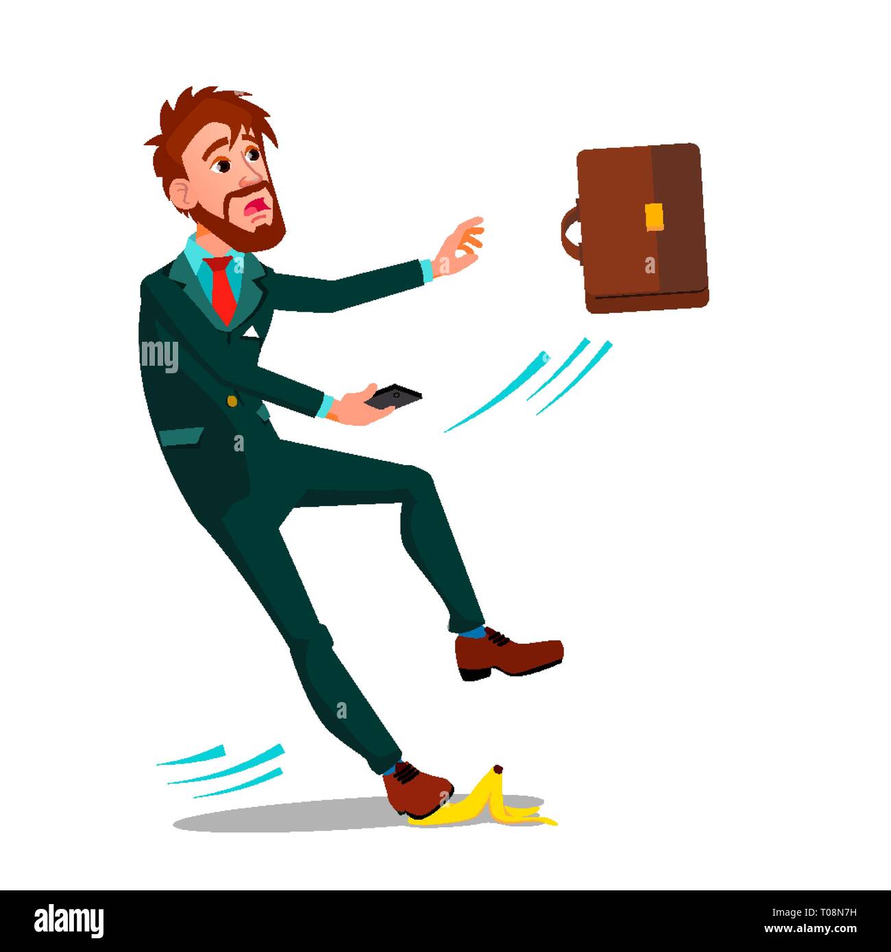 Uomo in Business Suit con una valigetta e uno smartphone scivolato su una buccia di banana piatto vettore illustrazione Cartoon Illustrazione Vettoriale