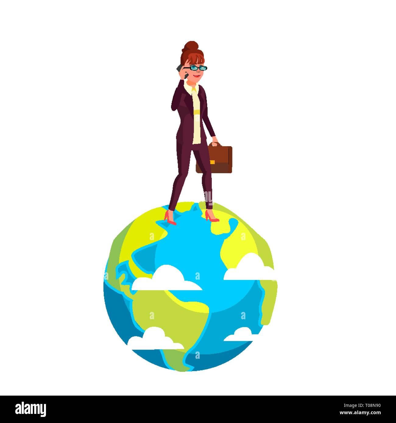 Imprenditrice camminando sul pianeta con valigetta in mano Vector piatta illustrazione Cartoon Illustrazione Vettoriale
