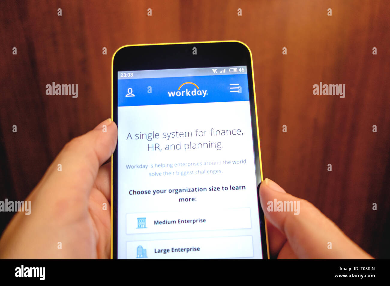 Berdyansk, Ucraina - Marzo 18, 2019: giornata lavorativa website homepage. Il logo della giornata lavorativa visibile sullo schermo del telefono. Foto Stock