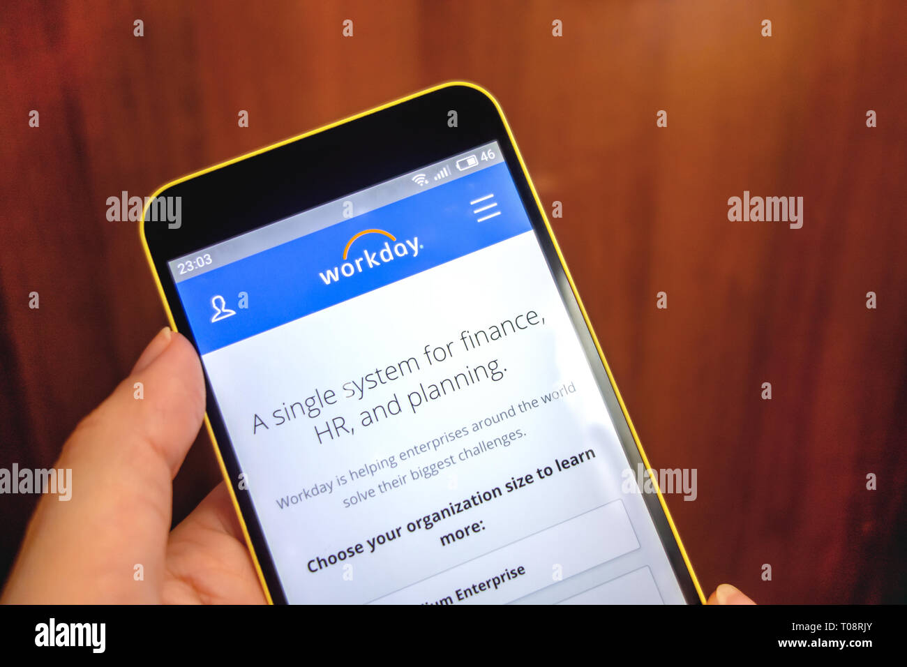 Berdyansk, Ucraina - Marzo 18, 2019: giornata lavorativa website homepage. Il logo della giornata lavorativa visibile sullo schermo del telefono. Foto Stock