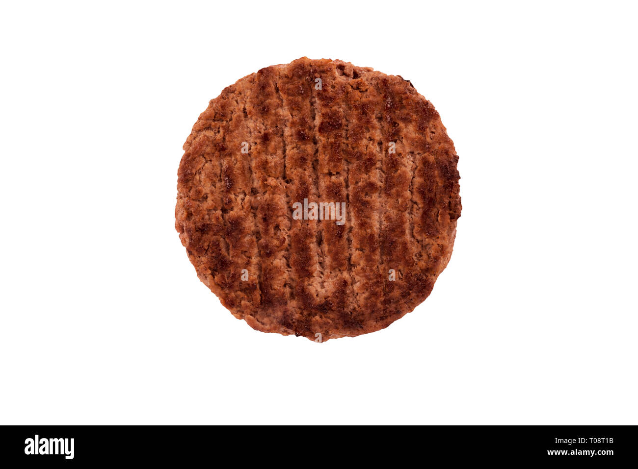 Grande succosa grigliate di hamburger patty, isolato su sfondo bianco. Direttamente al di sopra. Foto Stock