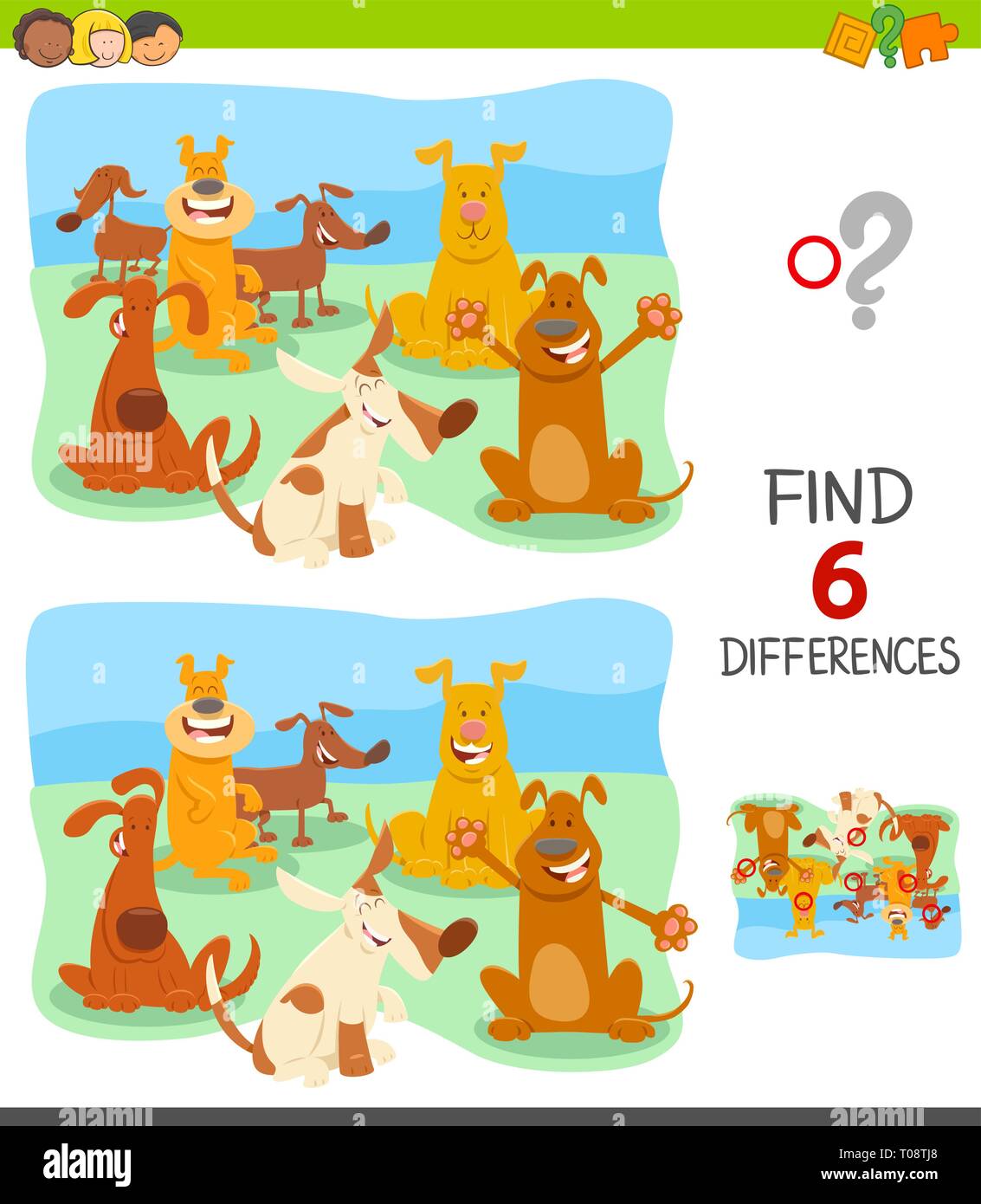 Illustrazione del fumetto di trovare 6 differenze tra le immagini del gioco educativo per bambini con cani felici Illustrazione Vettoriale