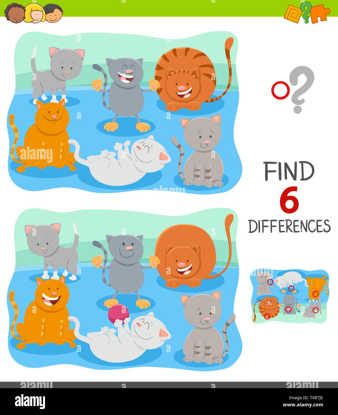 Illustrazione del fumetto di trovare 6 differenze tra le immagini del gioco educativo per bambini con gatti felici Illustrazione Vettoriale