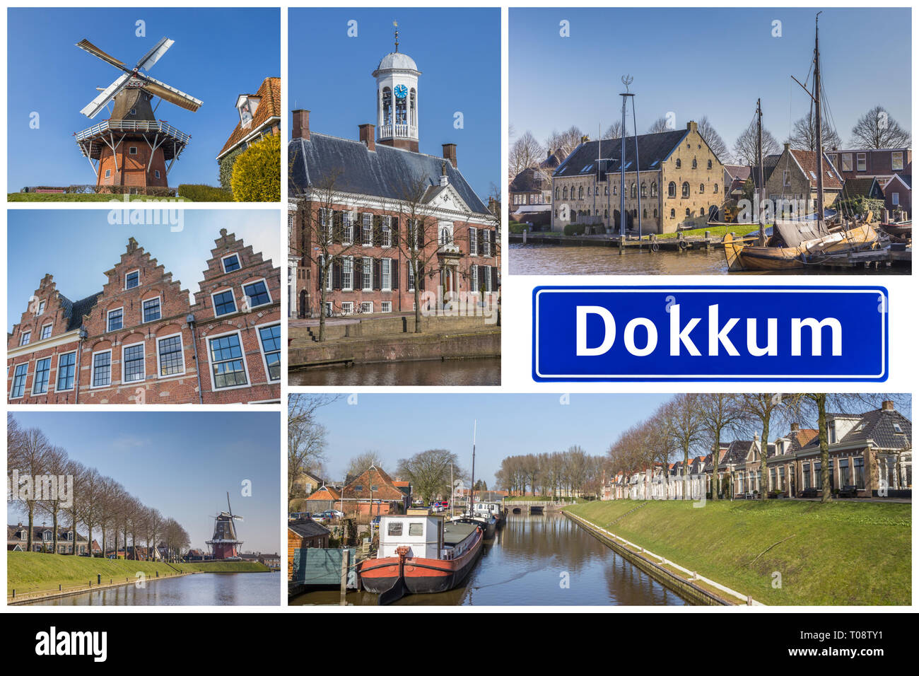 Collage di luoghi interessanti della città frisone di Dokkum, Paesi Bassi Foto Stock