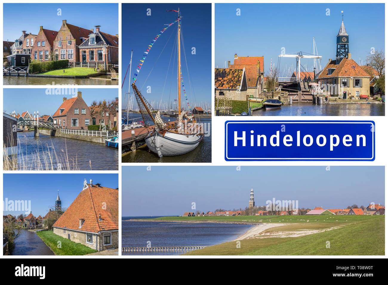 Collage di luoghi interessanti della città frisone di Hindeloopen, Paesi Bassi Foto Stock