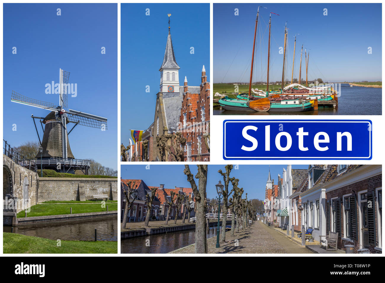 Collage di luoghi interessanti della città frisone di Sloten, Paesi Bassi Foto Stock