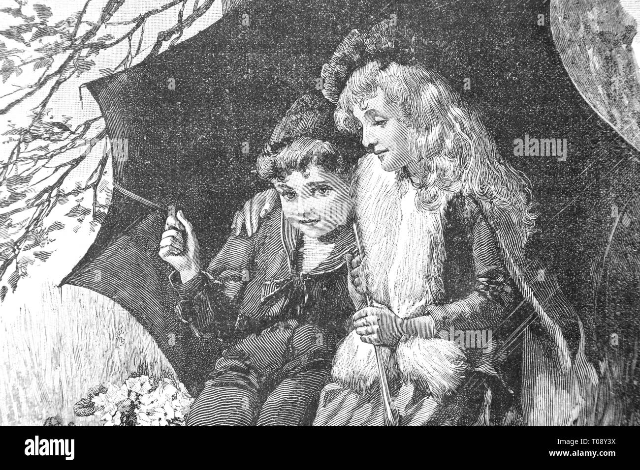 Ragazzo con mom. Vintage illustrazioni incise - 1893 Foto Stock