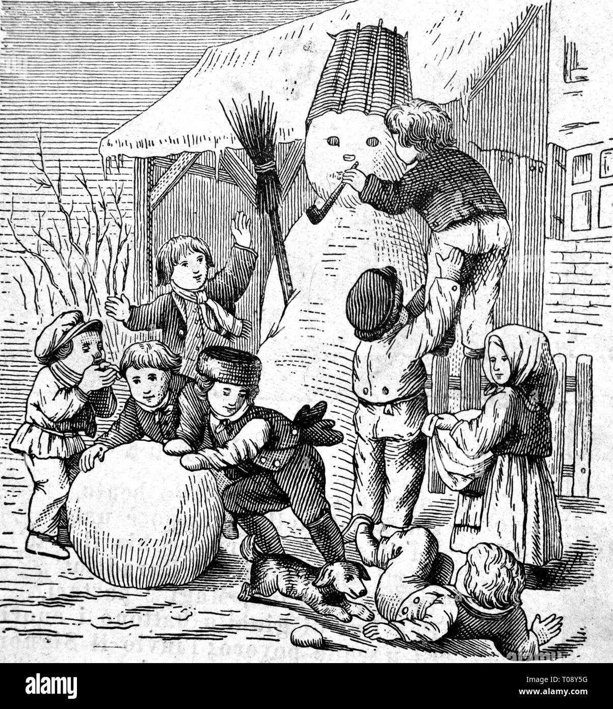 I bambini facendo un pupazzo di neve. Vintage illustrazioni incise - 1893 Foto Stock