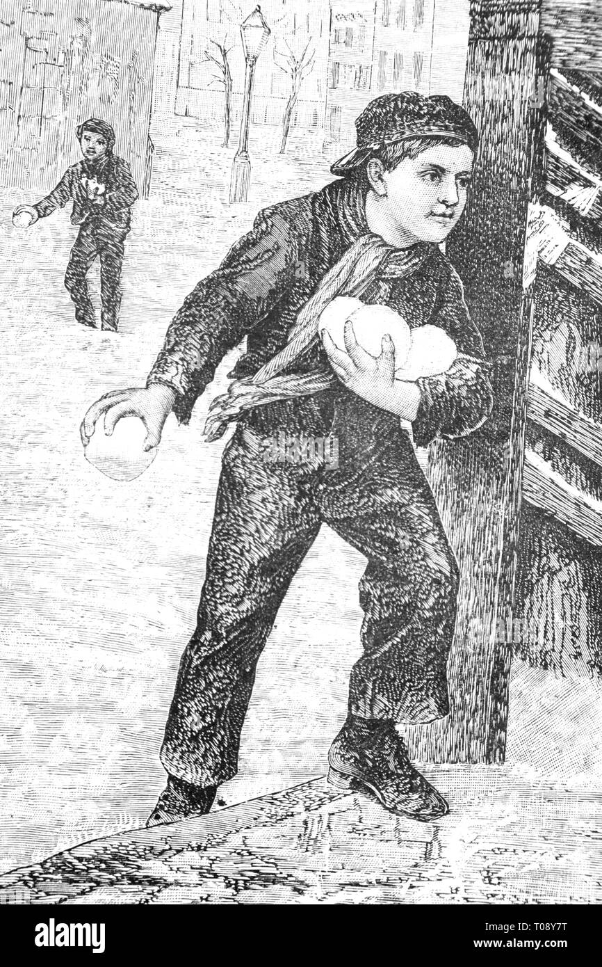 Ragazzi giocare palla di neve. Vintage illustrazioni incise - 1893 Foto Stock