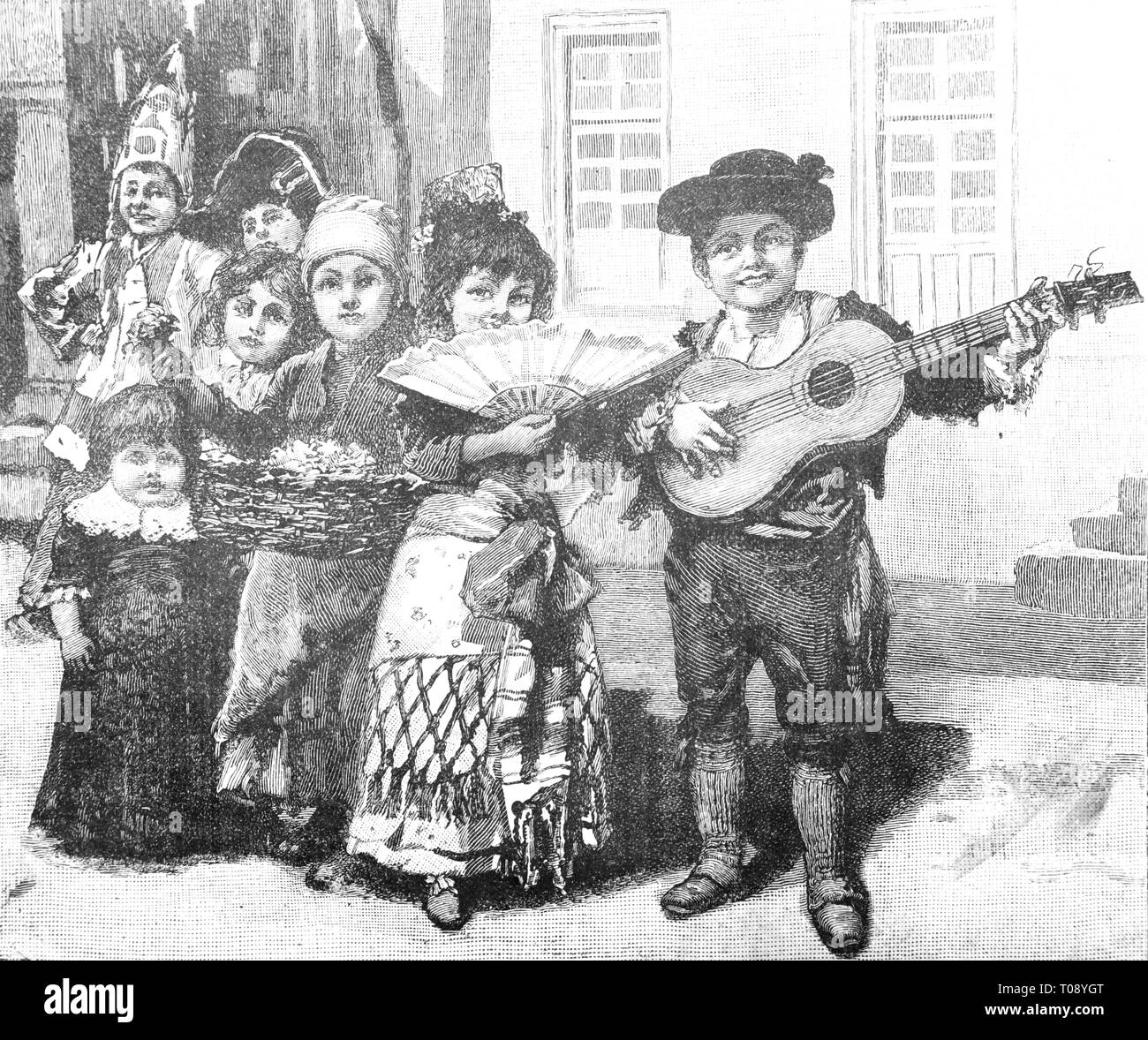 I ragazzi che fanno parte di musica. Vintage illustrazioni incise - 1893 Foto Stock