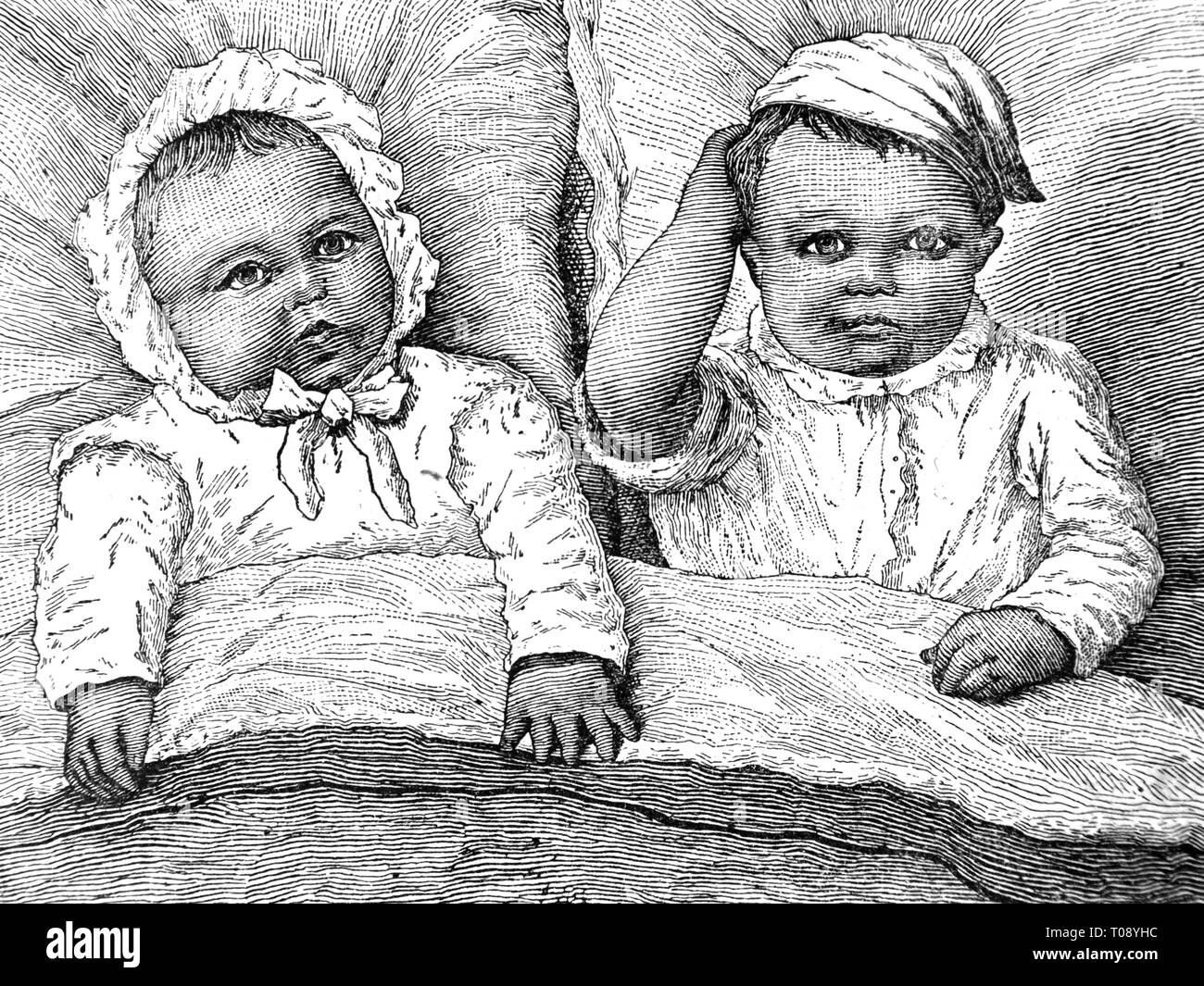 Due bambini nel letto. Vintage illustrazioni incise - 1893 Foto Stock