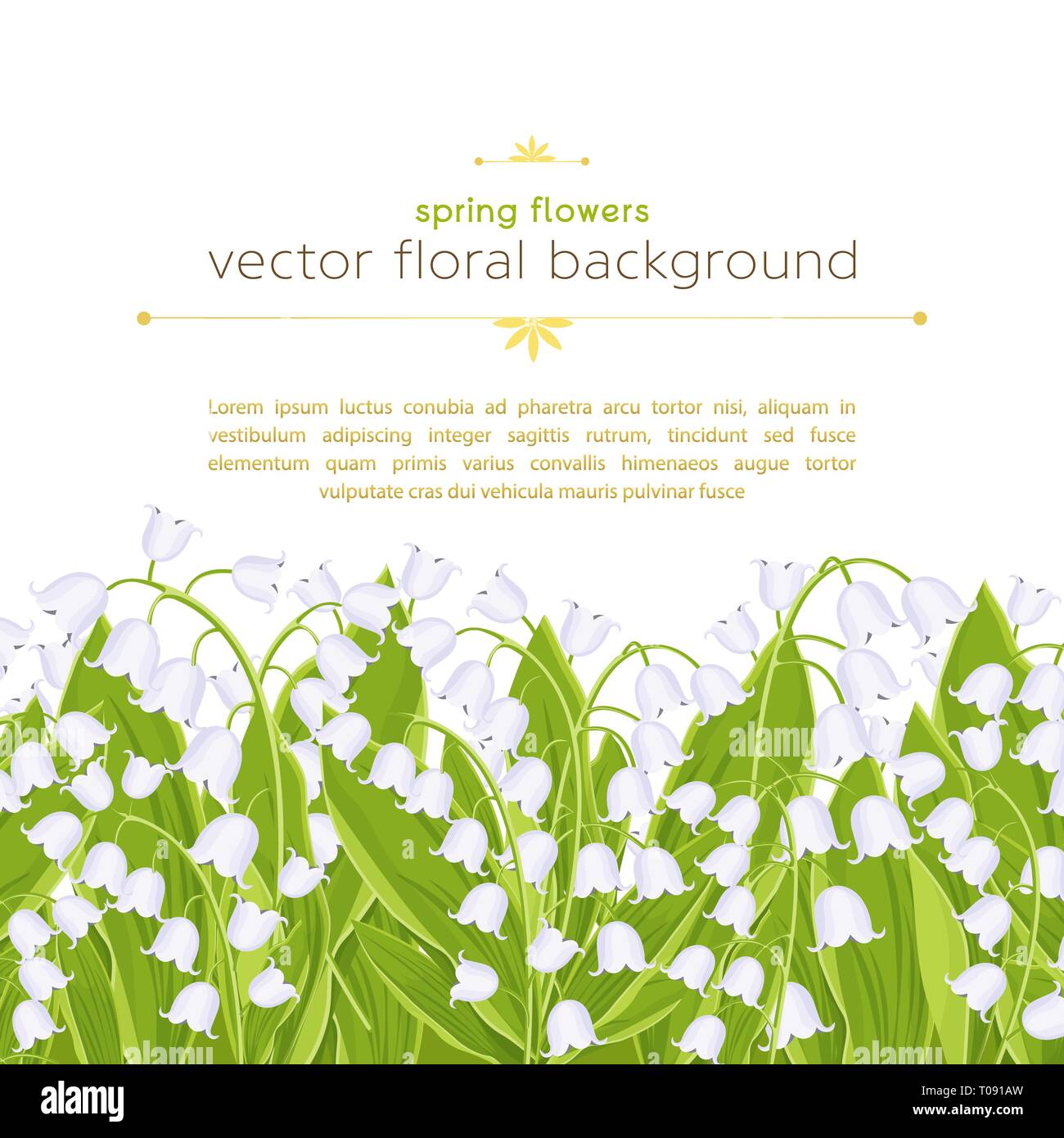 Frontiera senza giunture con fiori di primavera il giglio della valle, banner floreali, sfondo, illustrazione vettoriale. White boccioli di fiori di bosco bluebell e verde l Illustrazione Vettoriale