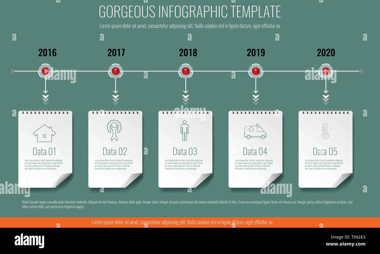 Il concetto di Business timeline modello infografico, realistici notepad 5 con passaggi. Illustrazione Vettoriale