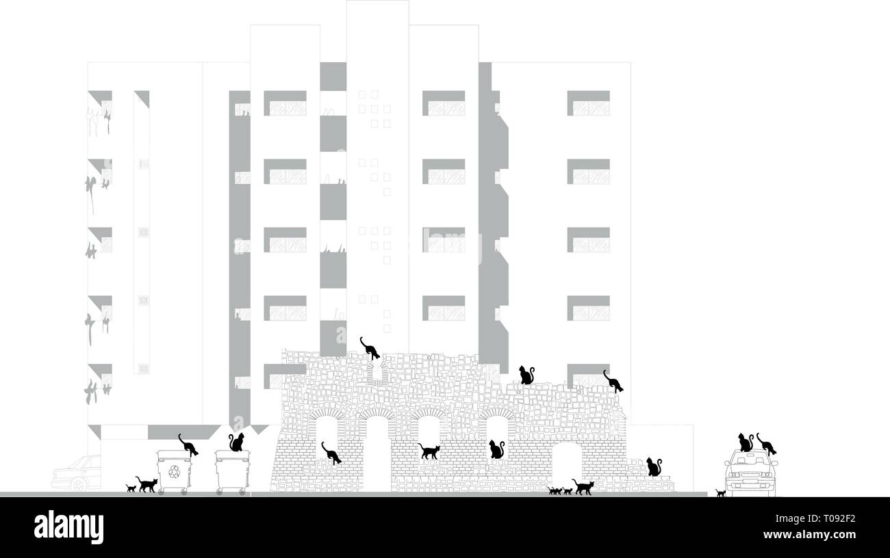 Concetto di cambiamento. Abbandonate le rovine di un vecchio edificio contro nuovi appartamenti. Gatti che vivono in casa dimenticata Illustrazione Vettoriale