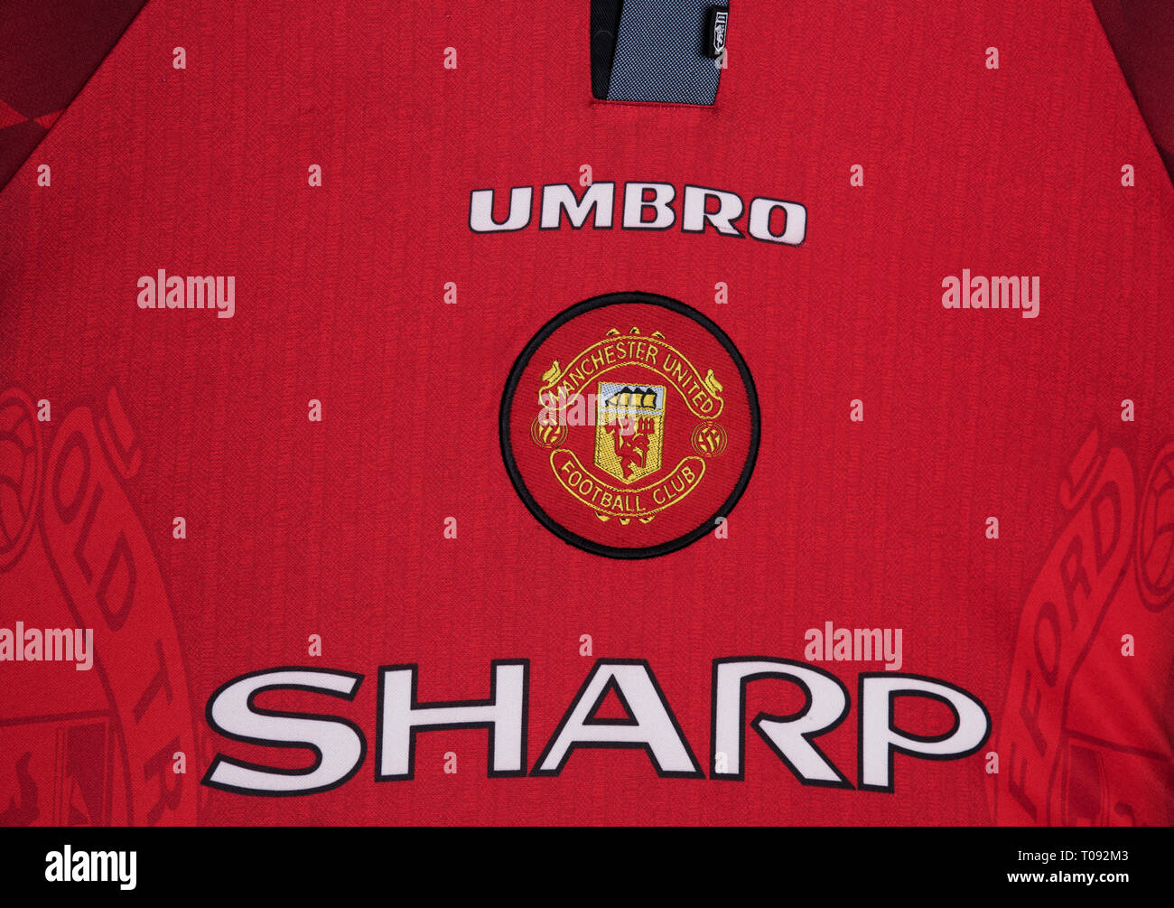 Close up del Manchester United home kit per il 1996/97. Foto Stock