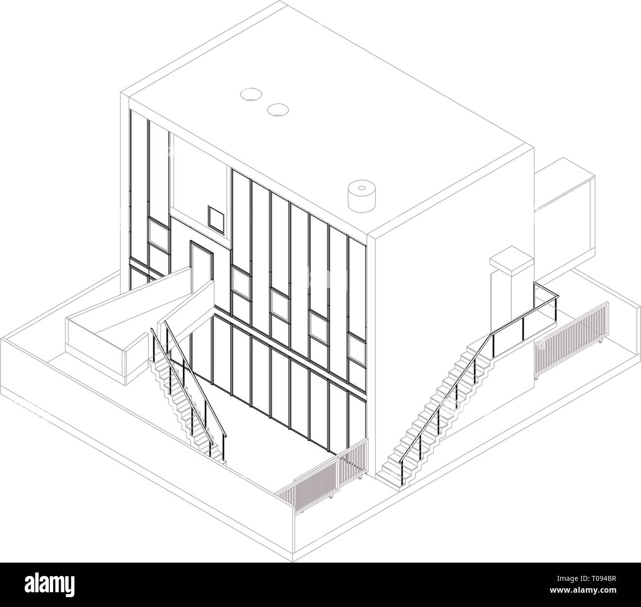 Wireframe prospettica di una casa moderna. Il rendering di un edificio da Kazuyo Sejima in Chiba, Giappone. Illustrazione Vettoriale