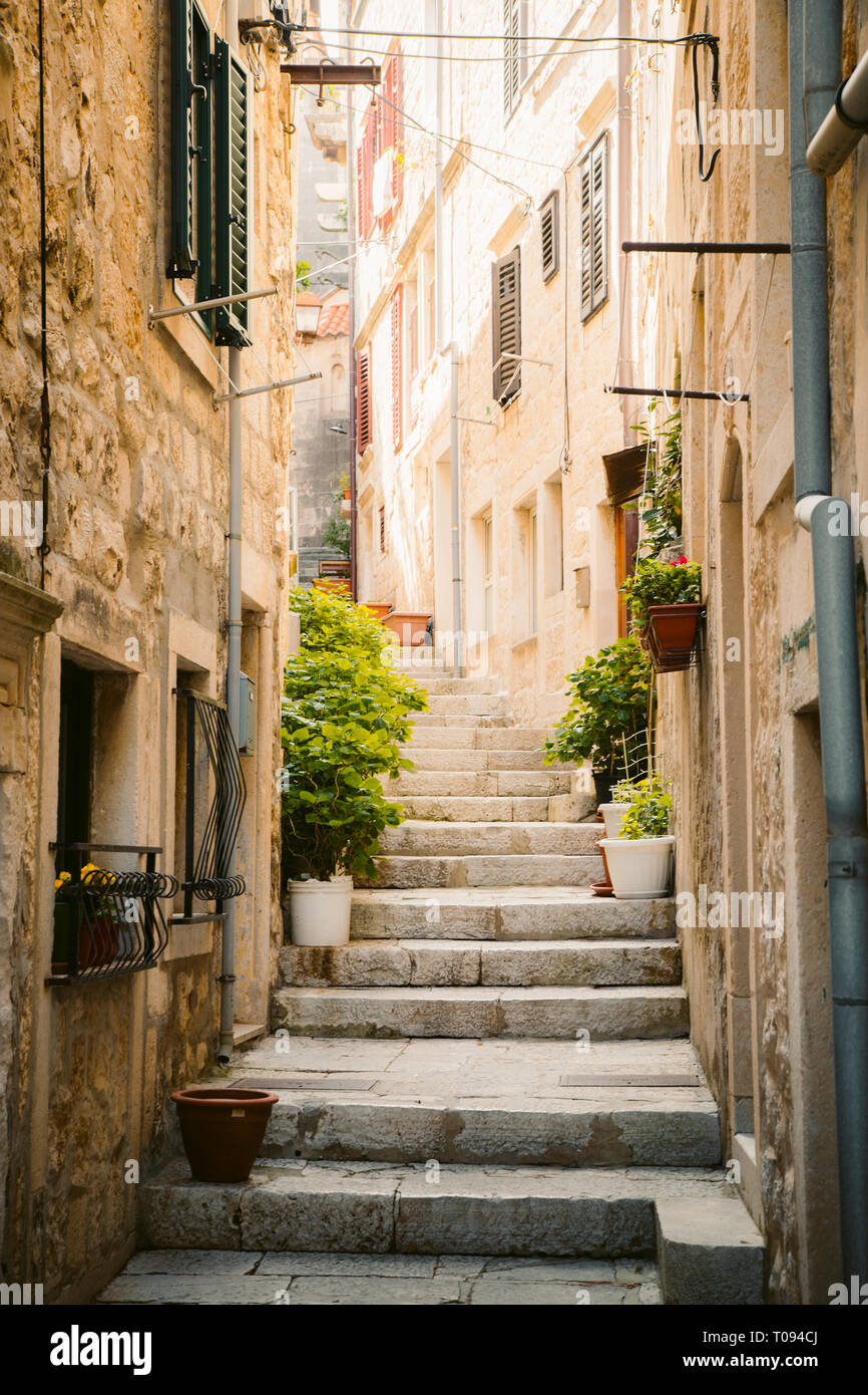 Scenic vista verticale del piccolo vicolo in una vecchia città in Europa con luce dorata in estate Foto Stock