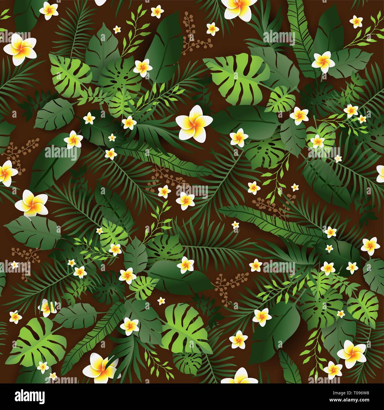 Modello senza giunture esotico sfondo floreale. Fiori tropicali e foglie su sfondo scuro. Vegetazione esotica print design uniforme Illustrazione Vettoriale