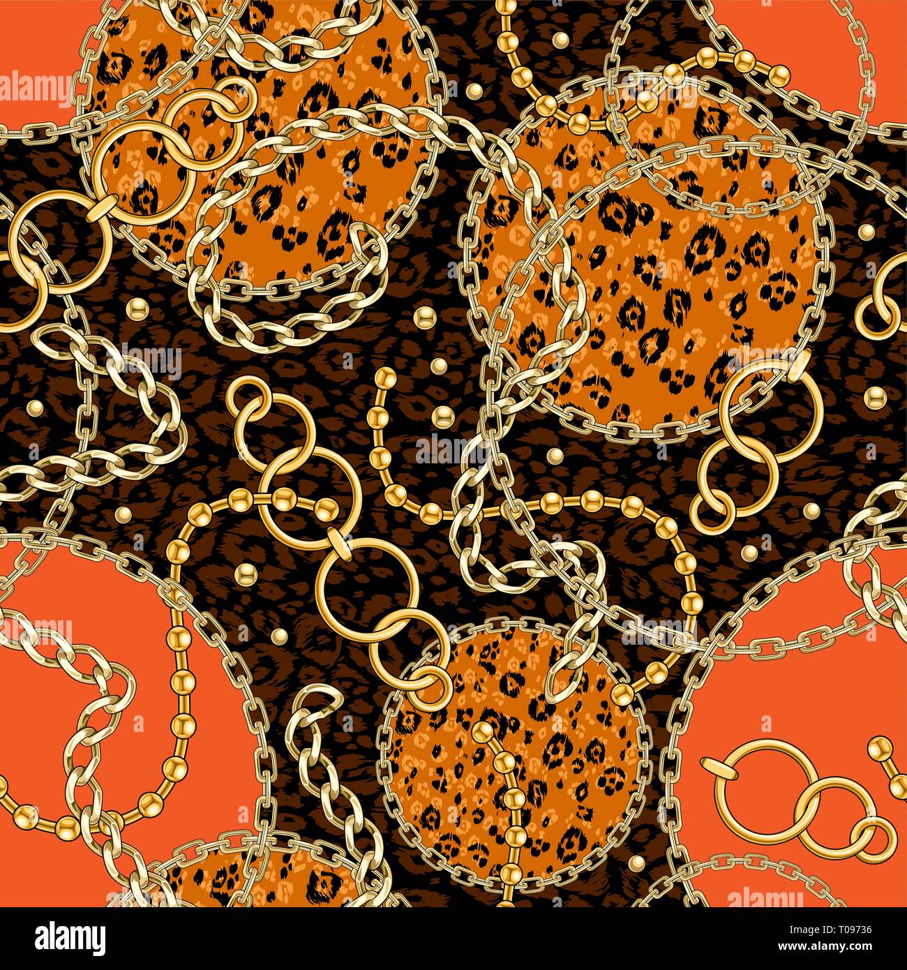 Abctract seamless pattern con catena dorata con pelle di animale sfondo per tessuto. Alla moda di ripetizione stampa leopard. Illustrazione Vettoriale