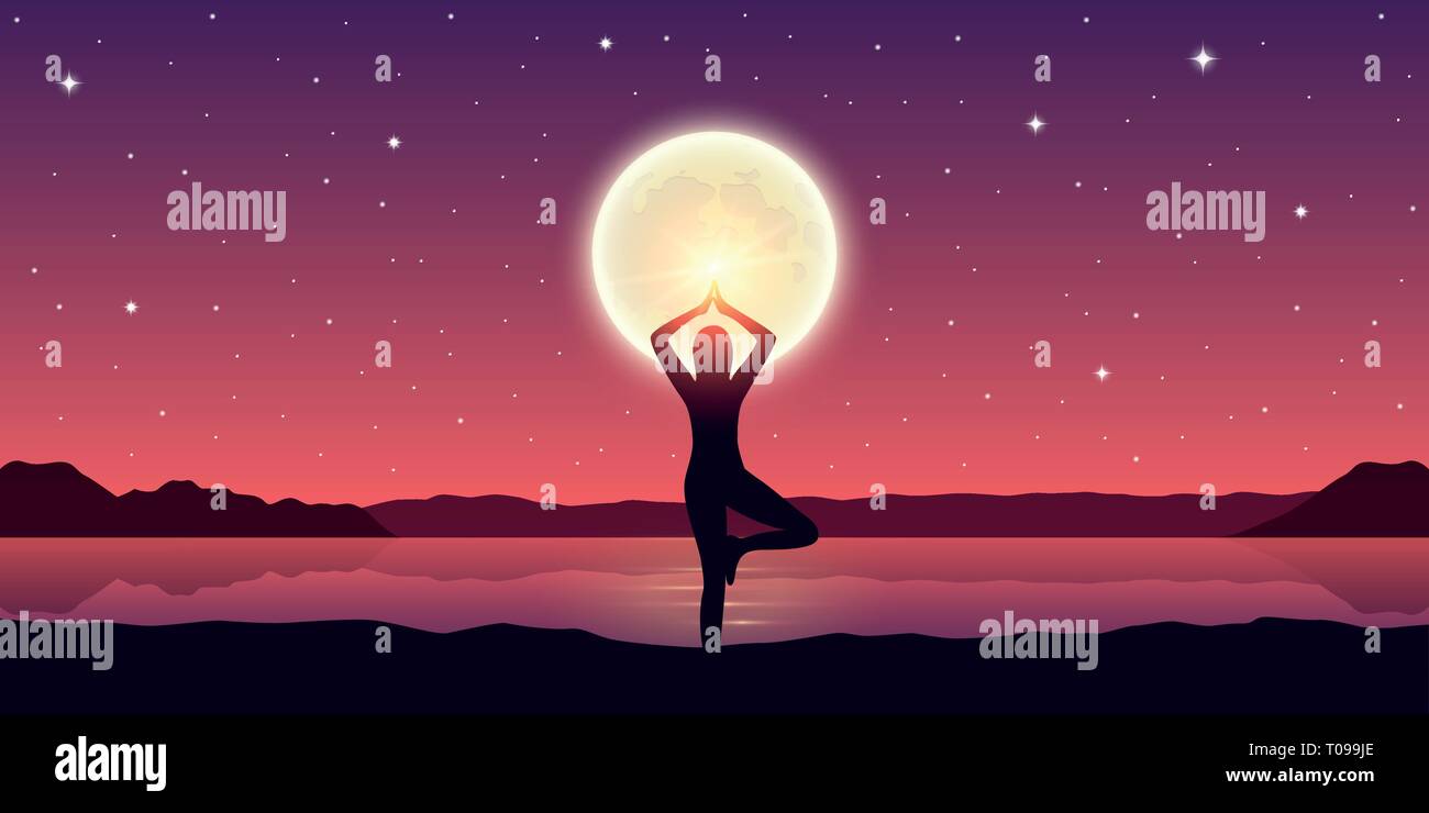 Ragazza fa Yoga posa al lago con la luna piena e cielo drammatico illustrazione vettoriale EPS10 Illustrazione Vettoriale