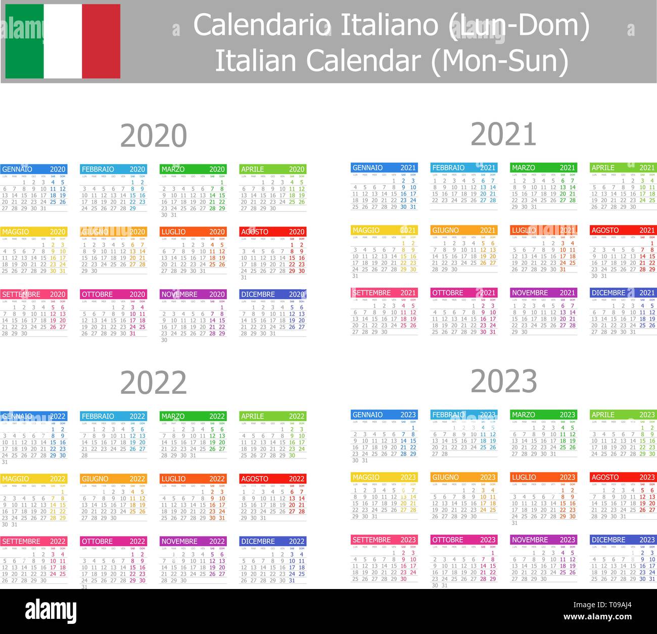 2020-2023 Italiano Tipo-1 Calendario Lun-dom su sfondo bianco Illustrazione Vettoriale