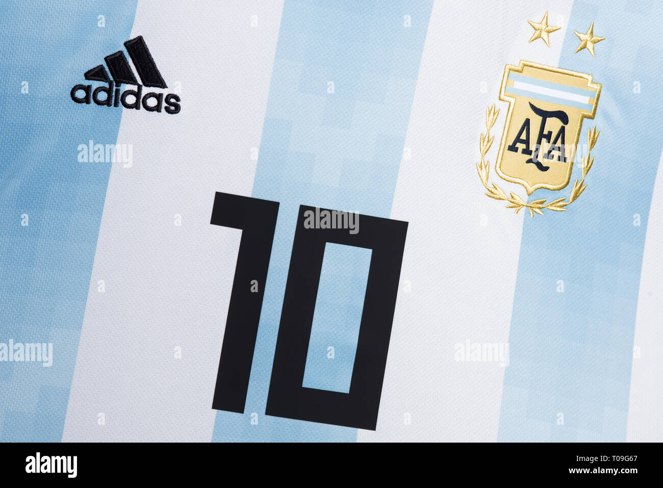 Close up di Lionel MESSI Maglia Argentina Nazionale di calcio jersey. Foto Stock