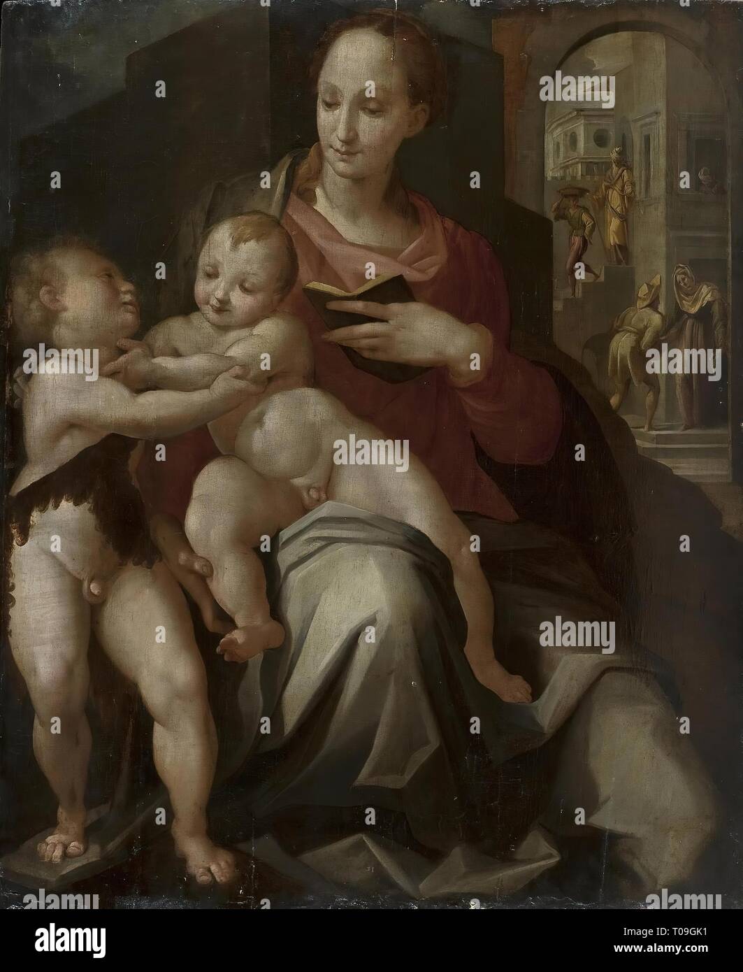 "Madonna con Bambino e San Giovanni Battista". Italia, 1570-1571. Dimensioni: 115x96 cm. Museo: Membro Hermitage di San Pietroburgo. Autore: Maso di San Friano (Tommaso d'Antonio Manzuoli). Foto Stock