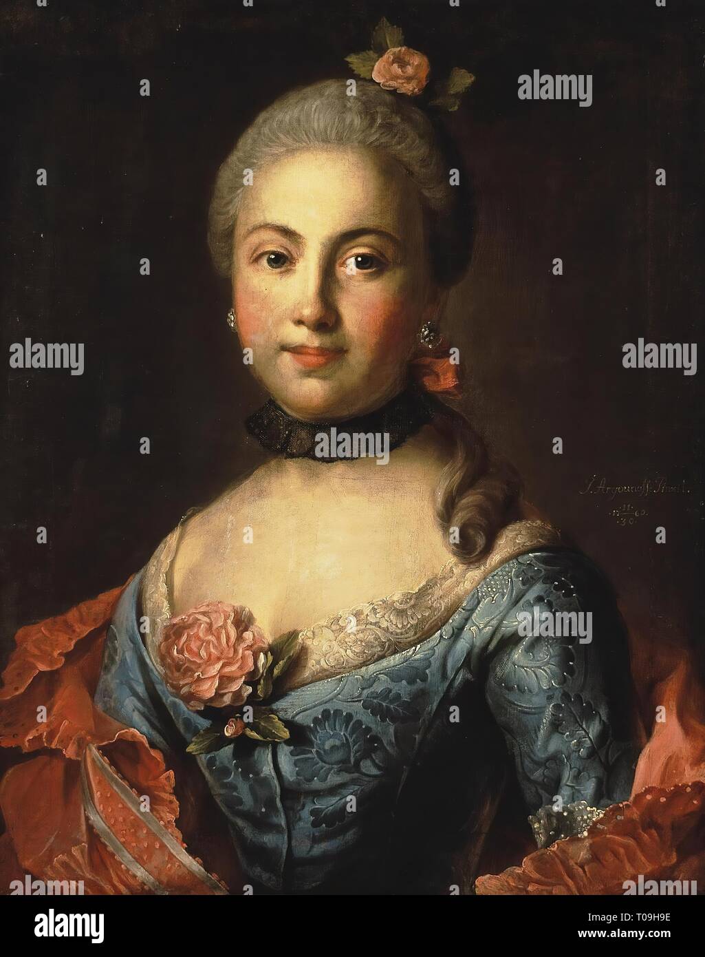 " Ritratto di una donna in un vestito blu". Russia, 1760. Dimensioni: 60x45 cm. Museo: Membro Hermitage di San Pietroburgo. Autore: Ivan Argunov. Foto Stock