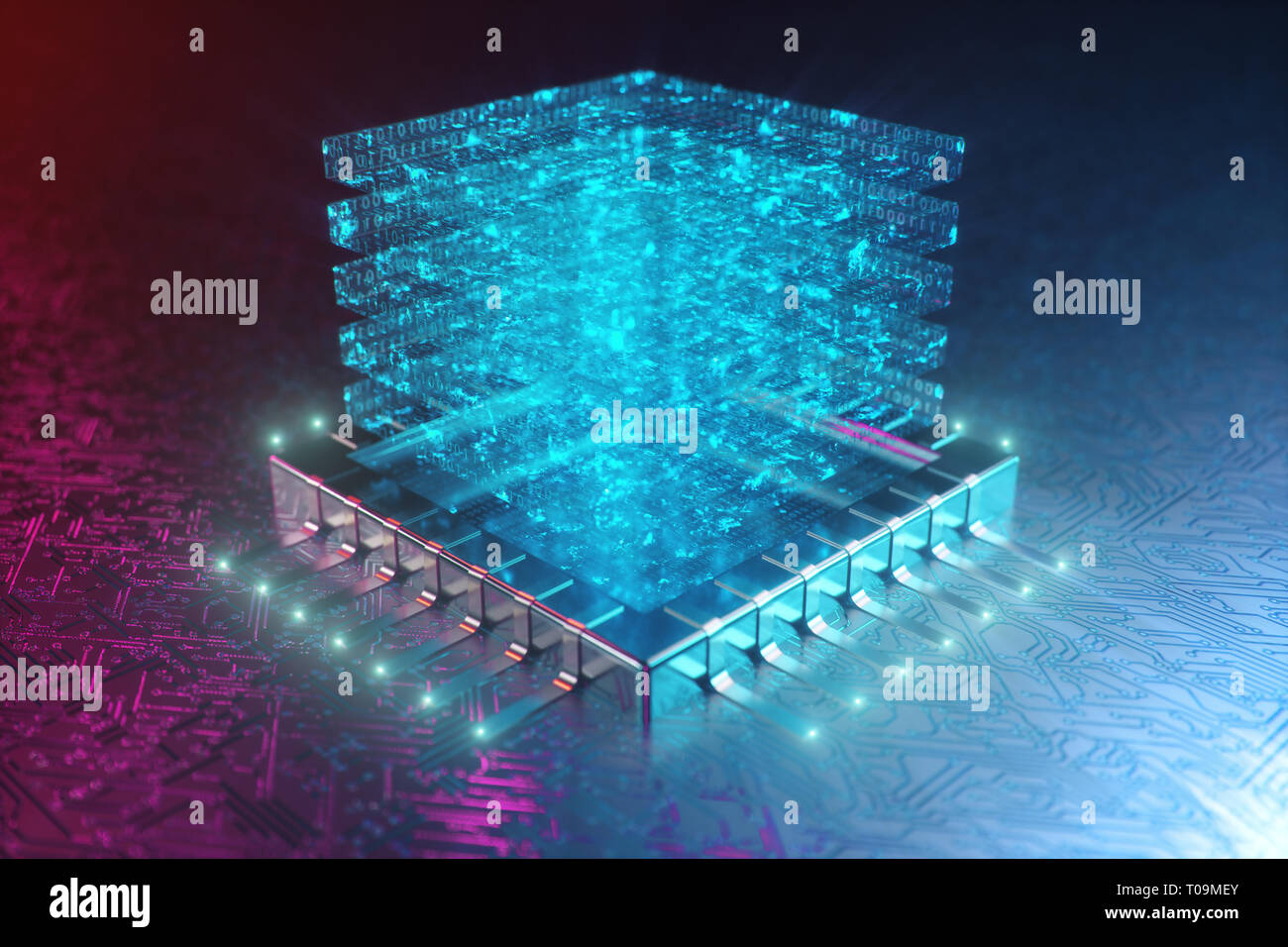 AI - intelligenza artificiale concetto. Ologramma sopra la CPU. La macchina di apprendimento. Calcolatore centrale processori sulla scheda a circuito stampato con tracce luminose. Enc Foto Stock