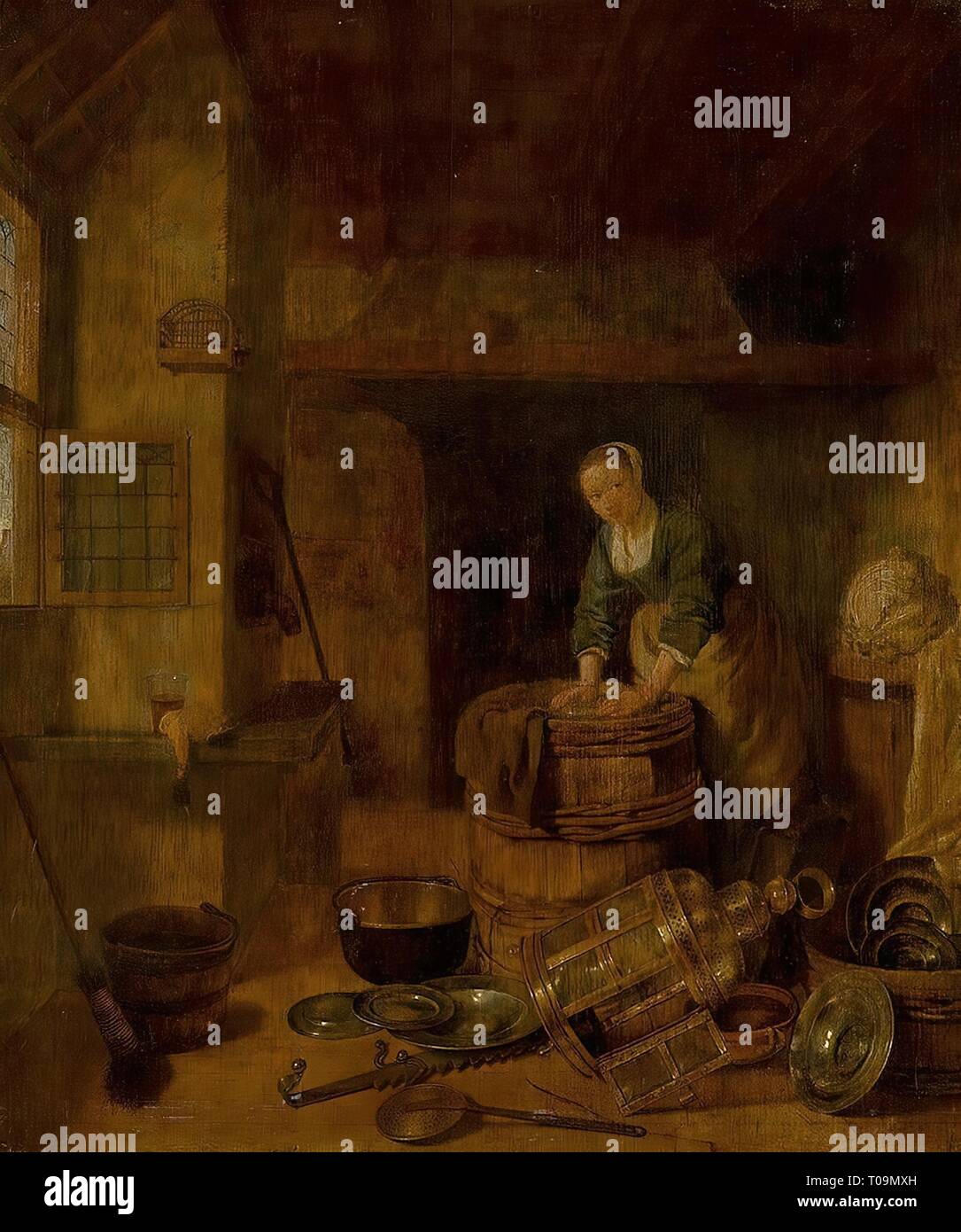 "Una cucina domestica". Holland, circa 1650. Dimensioni: 28x24 cm. Museo: Membro Hermitage di San Pietroburgo. Autore: Pieter van den Bosch. Foto Stock