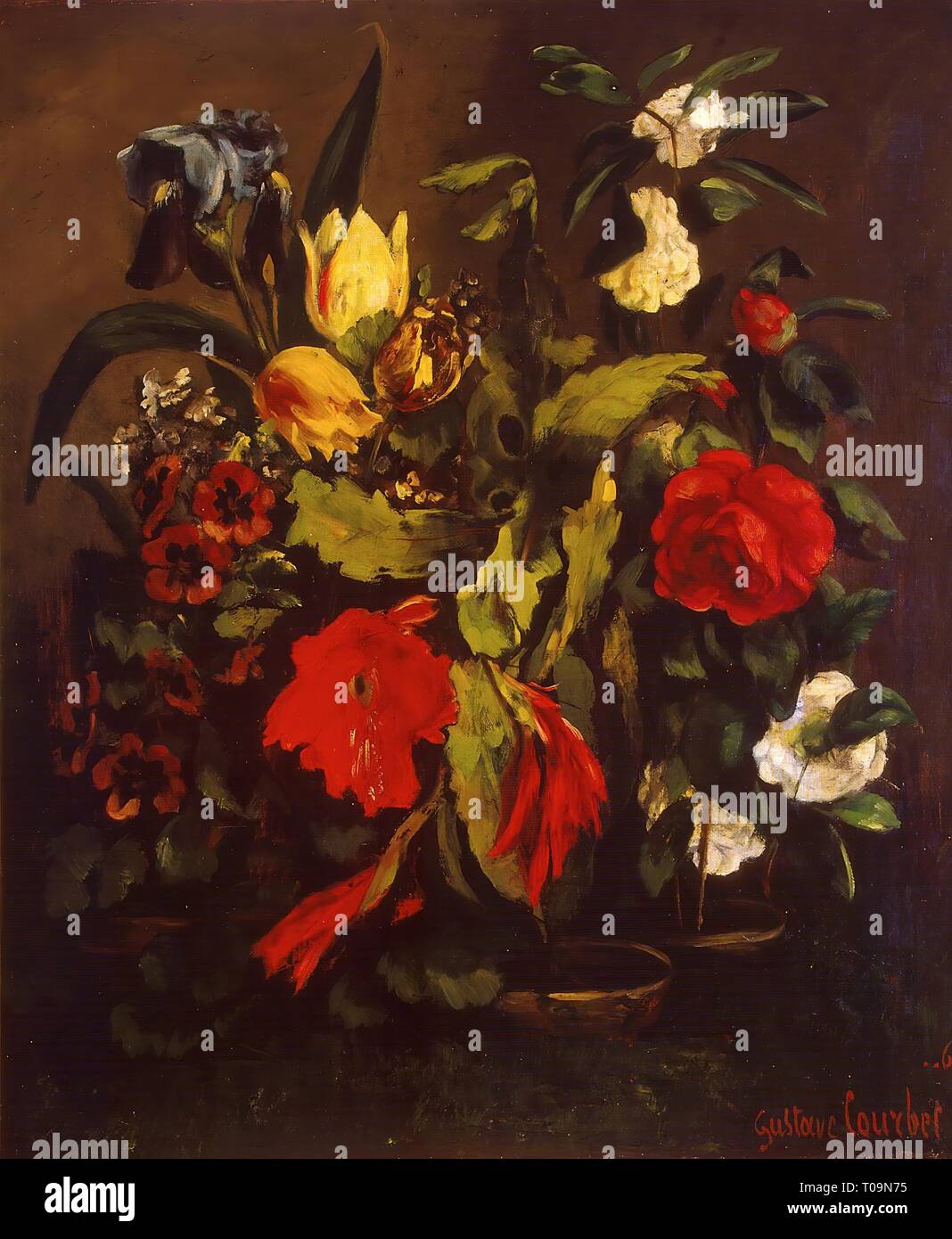 " Fiori (?amellias, Tulipani,iridi e altri fiori in due pentole)'. Francia, 1863. Dimensioni: 65x53,5 cm. Museo: Membro Hermitage di San Pietroburgo. Autore: Gustave Courbet. Foto Stock " Fiori (?amellias, Tulipani,iridi e altri fiori in due pentole)'. Francia, 1863. Dimensioni: 65x53,5 cm. Museo: Membro Hermitage di San Pietroburgo. Autore: Gustave Courbet. Foto Stock