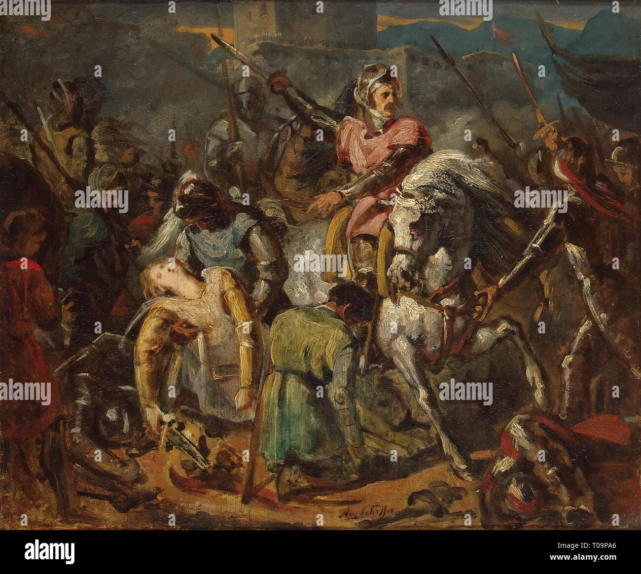 "Morte di Gaston de Foix nella battaglia di Ravenna il 11 aprile 1512". Francia, circa 1824. Dimensioni: 38x46 cm. Museo: Membro Hermitage di San Pietroburgo. Autore: ARY SCHEFFER. Foto Stock
