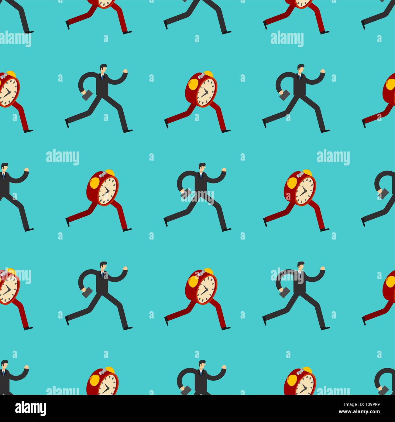 Imprenditore corre per la sveglia pattern. Per essere in ritardo. Il tempo è in esecuzione in background. Uomo in esecuzione dopo il tempo Illustrazione Vettoriale