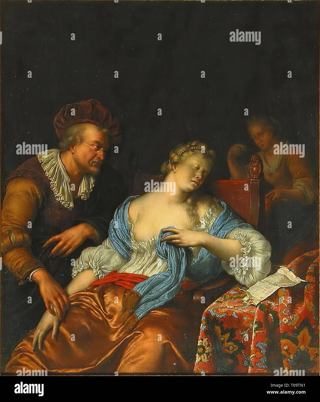 'Swoon'. Olanda, 1695. Dimensioni: 24x20,5 cm. Museo: Membro Hermitage di San Pietroburgo. Autore: Willem van Mieris. Foto Stock