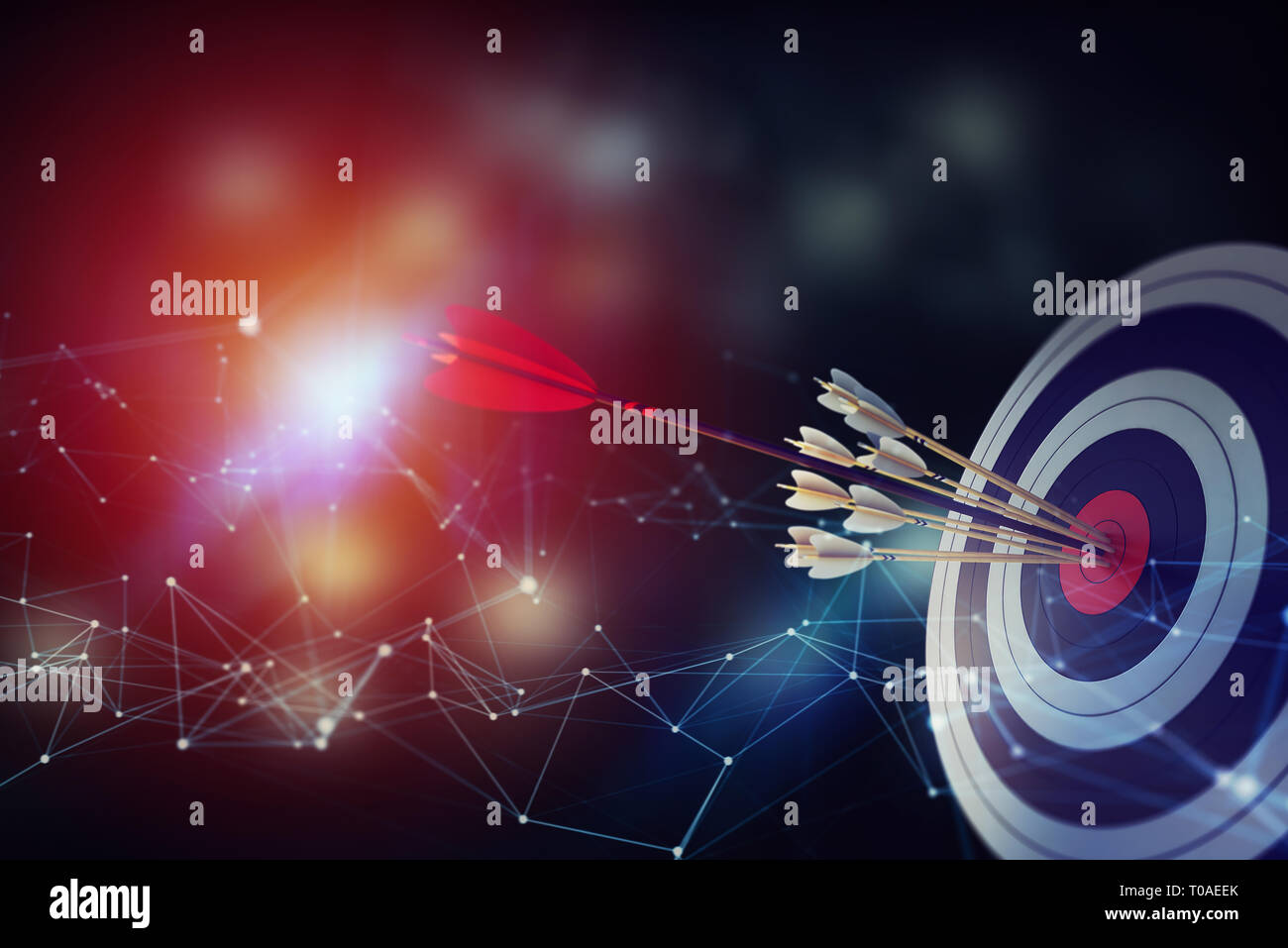 Freccia colpire il centro del bersaglio su sfondo astratto con effetti di rete. Obiettivo aziendale Realizzazione concetto. Il rendering 3D Foto Stock