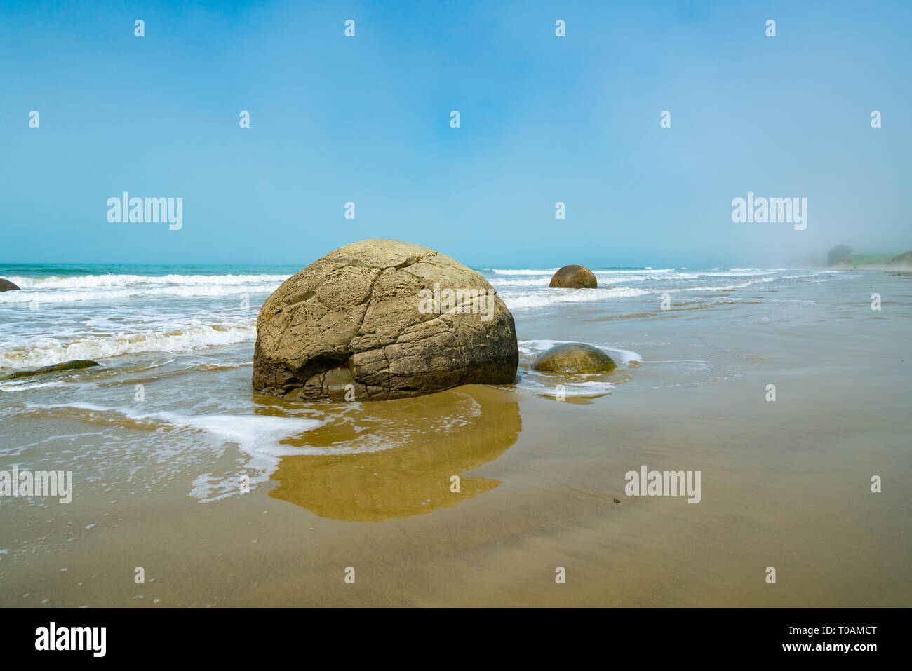 Moeraki Boulders sulla spiaggia Koekohe meraviglia naturale e di attrazione turistica sulla costiera di Isola del Sud della Nuova Zelanda Foto Stock