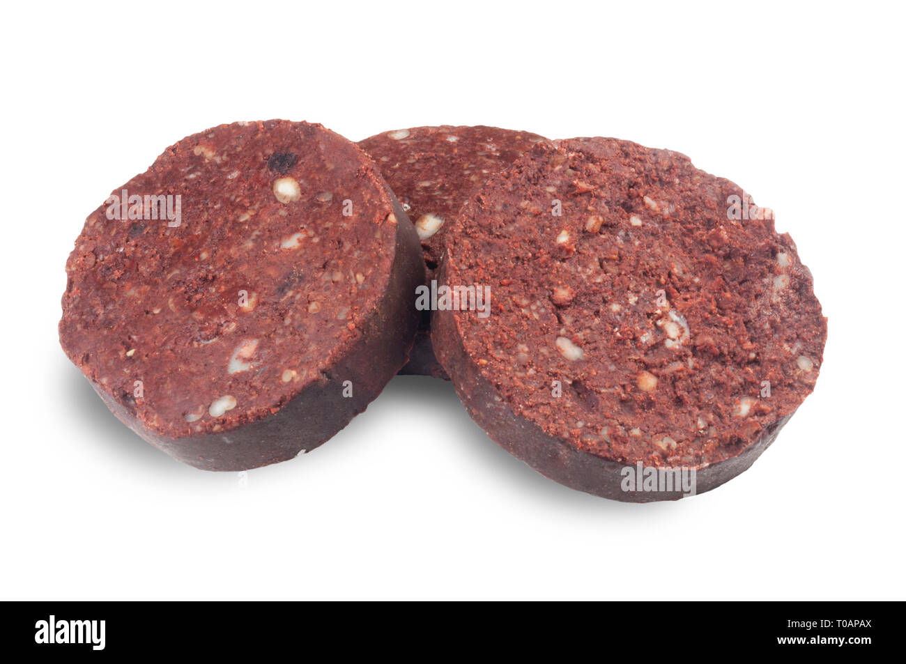 Studio shot di black pudding isolato su uno sfondo bianco - Giovanni Gollop Foto Stock